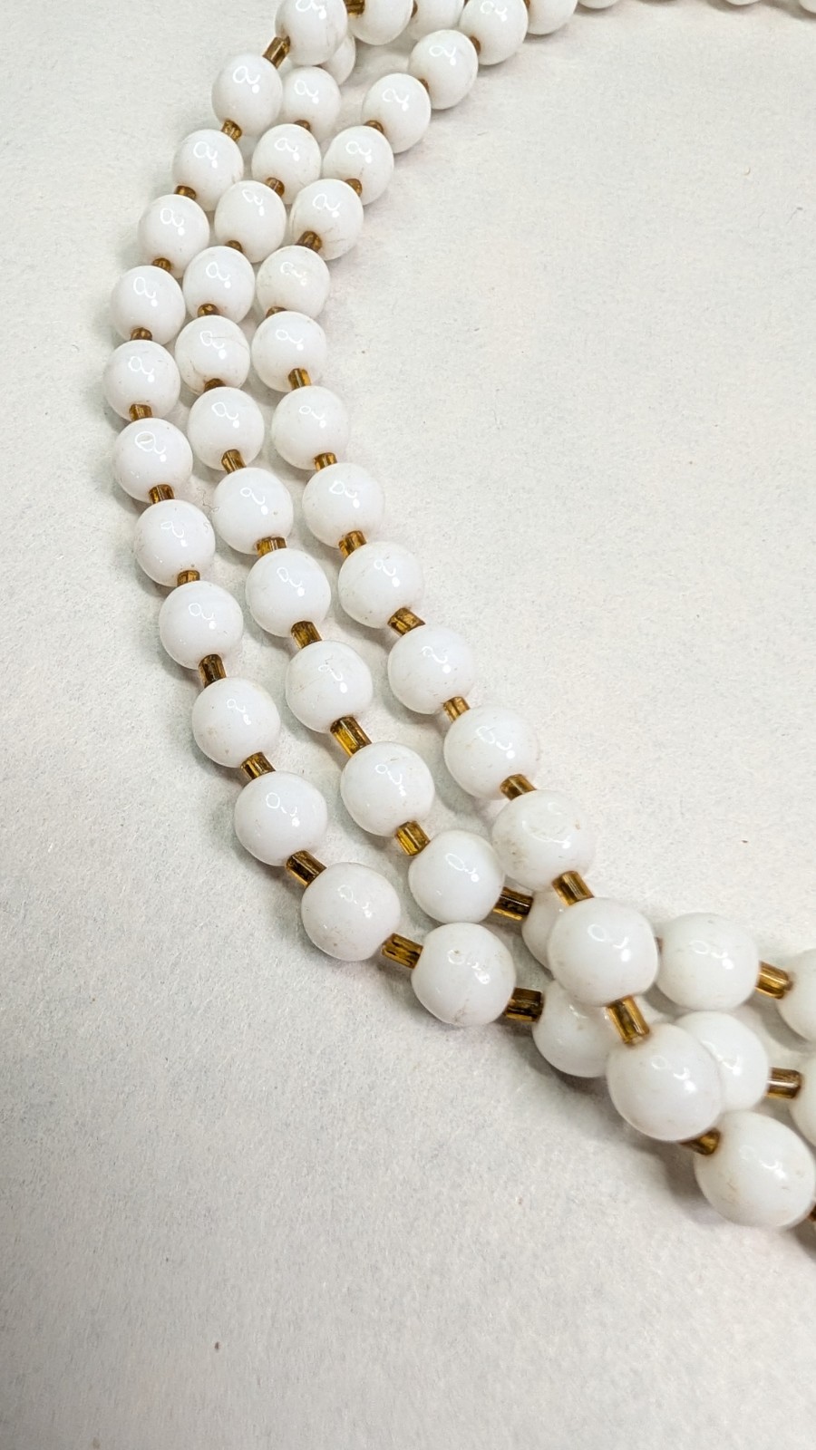 1950s Milk Glass Necklace Triple Strand With Brass Tulip Caps Glass Clasp 16.5in