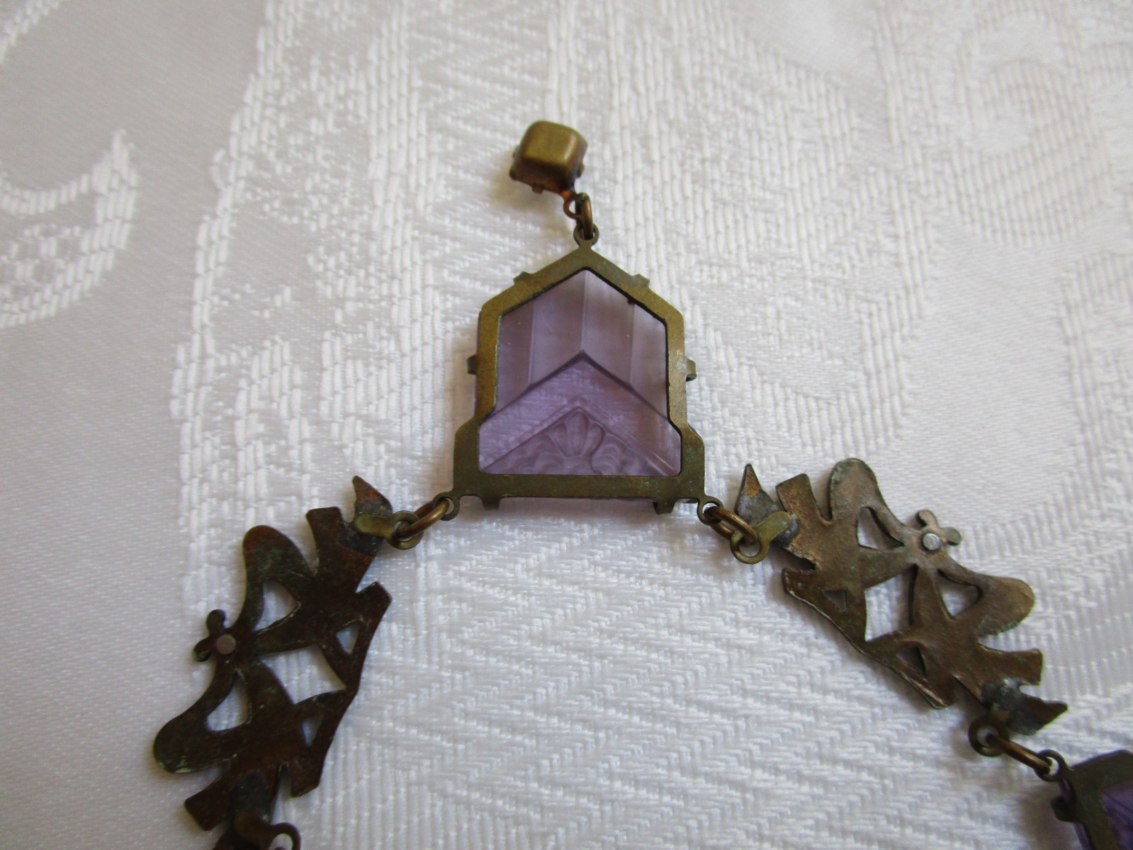 Vintage Glass Works Studio Purple Glass Clear Rhinestone Necklace 19” L Rare