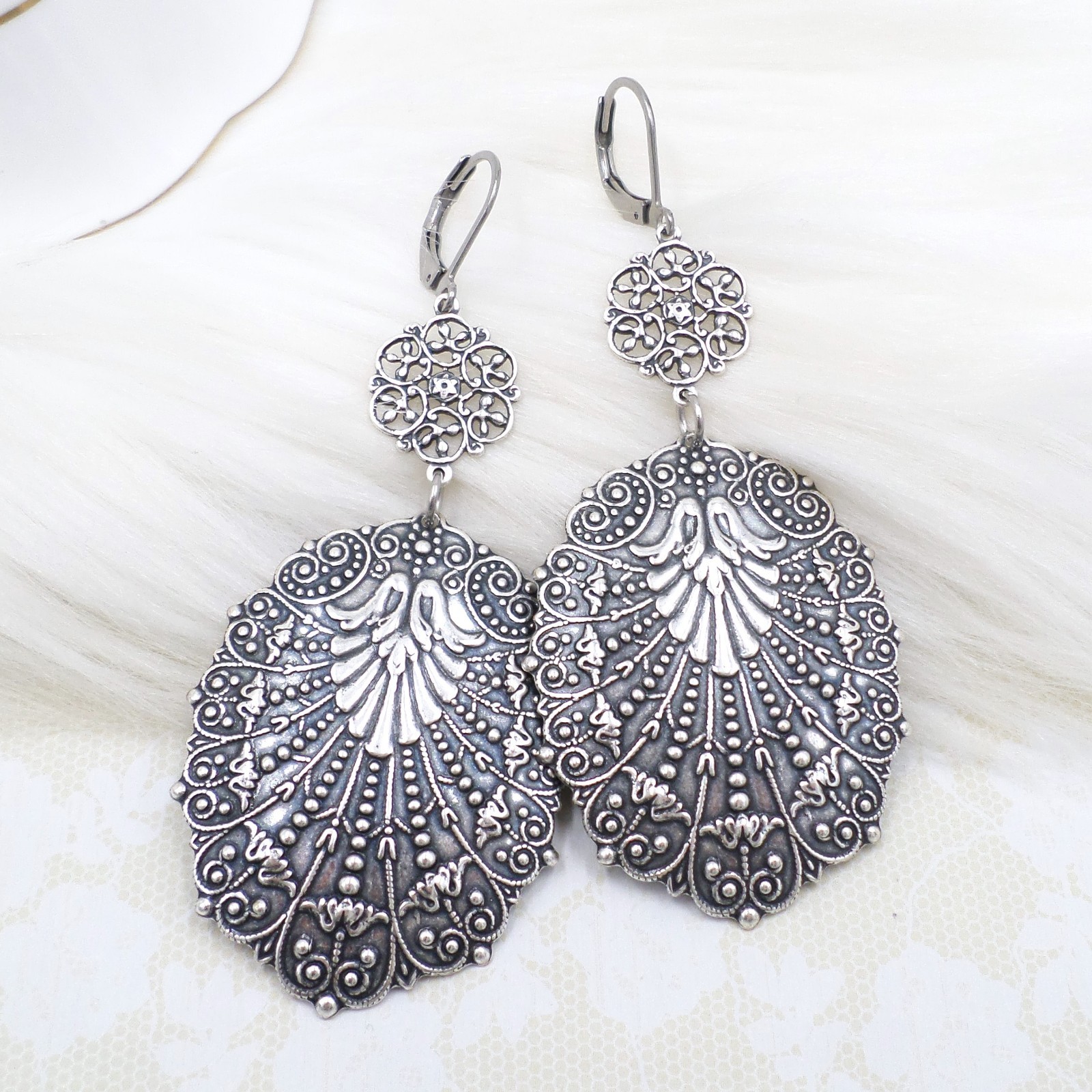 Large Antique Silver Filigree Statement Earrings, Bohemian Ethnic Style Jewelry