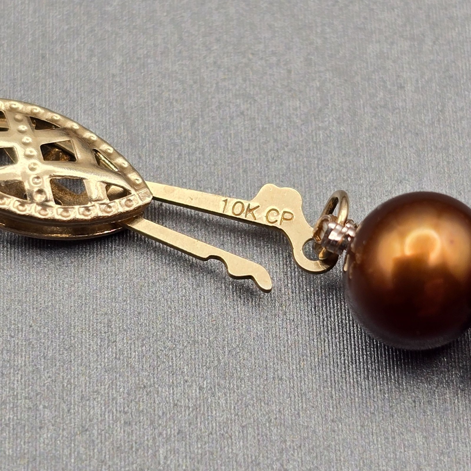 Vintage Bronze Cultured Pearl Necklace 10K Yellow Gold Clasp Hand Knotted 16″