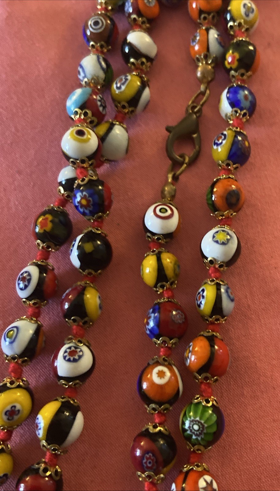 Italian Murano Venetian Millefiori Art Glass Hand Knotted Bead Necklace 24 1/2in