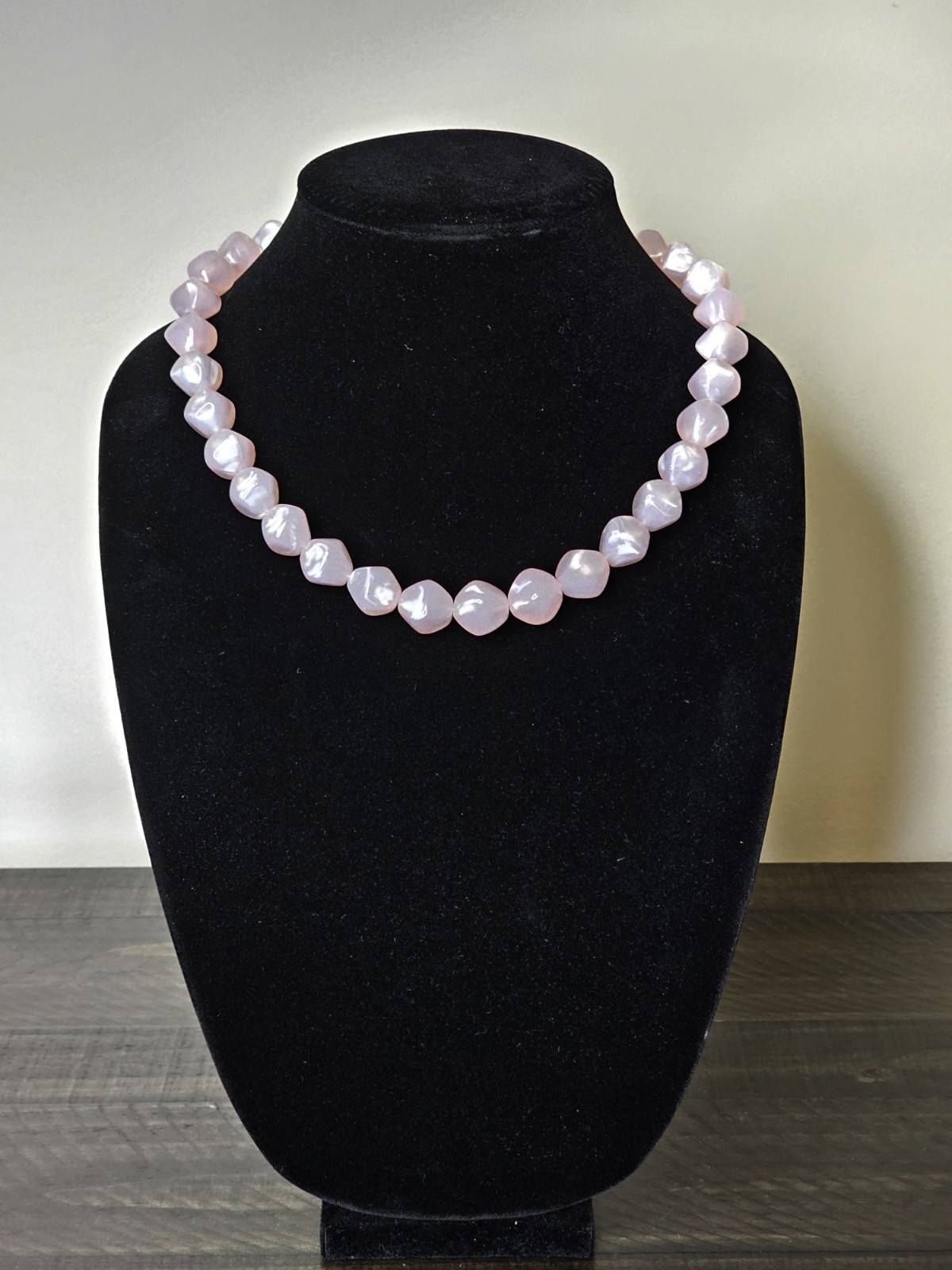 Vintage Pink Glass Necklace Diamond Shape Beads Gold Tone Screw Clasp 20 Inches