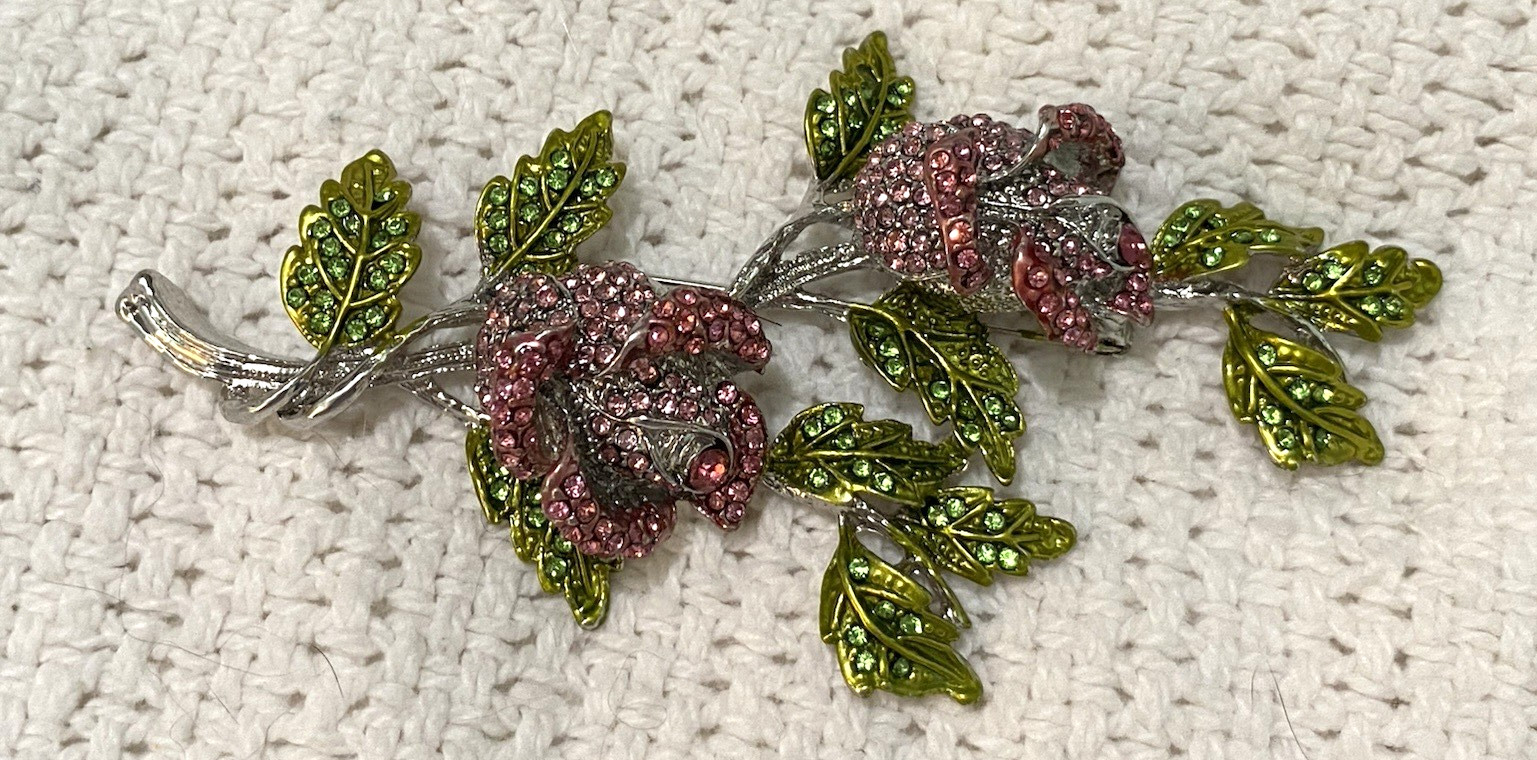 Stunning Large Vintage Pink And Green Sparkling Stones Flower Brooch