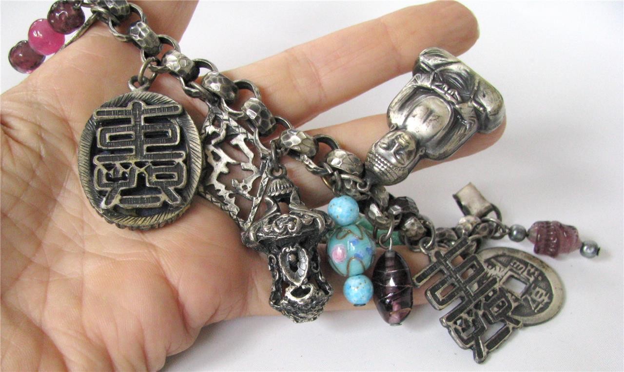 Vintage Napier Shangri La CHUNKY Asian 13 Charm Bracelet Silver 1950’s 7.25″
