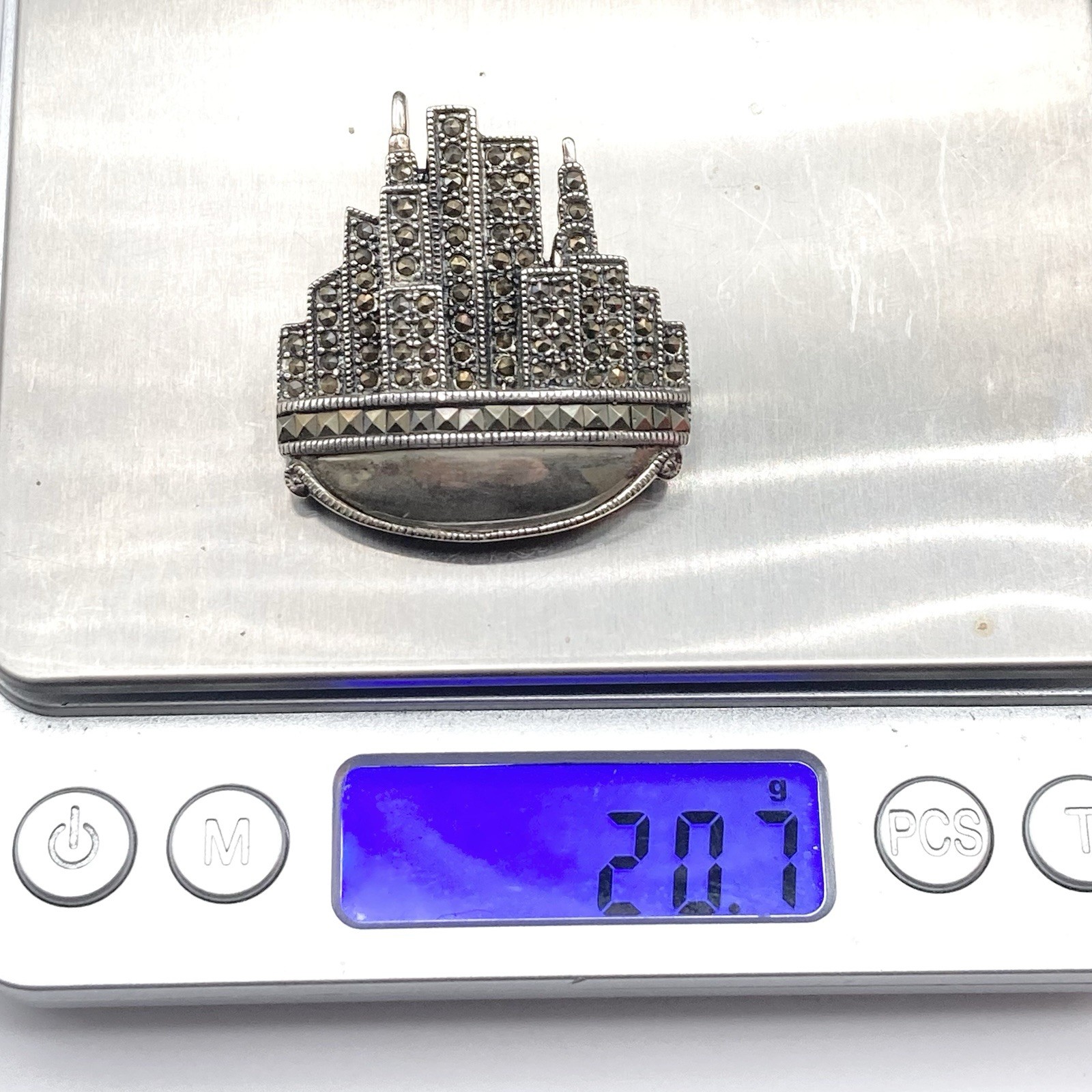 Vintage 925 Sterling Silver DBJ Marcasite New York City Skyline Brooch Pin