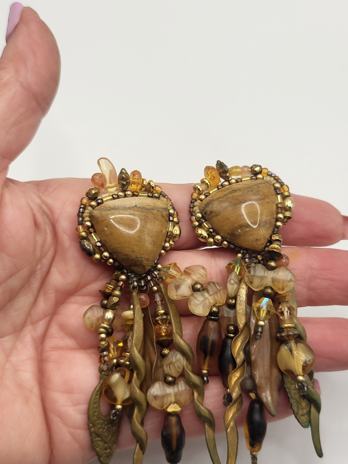 Vintage 80s Signed CHIPITA Joan Eagle Boho Dangle Earrings Jasper Beaded Fringe