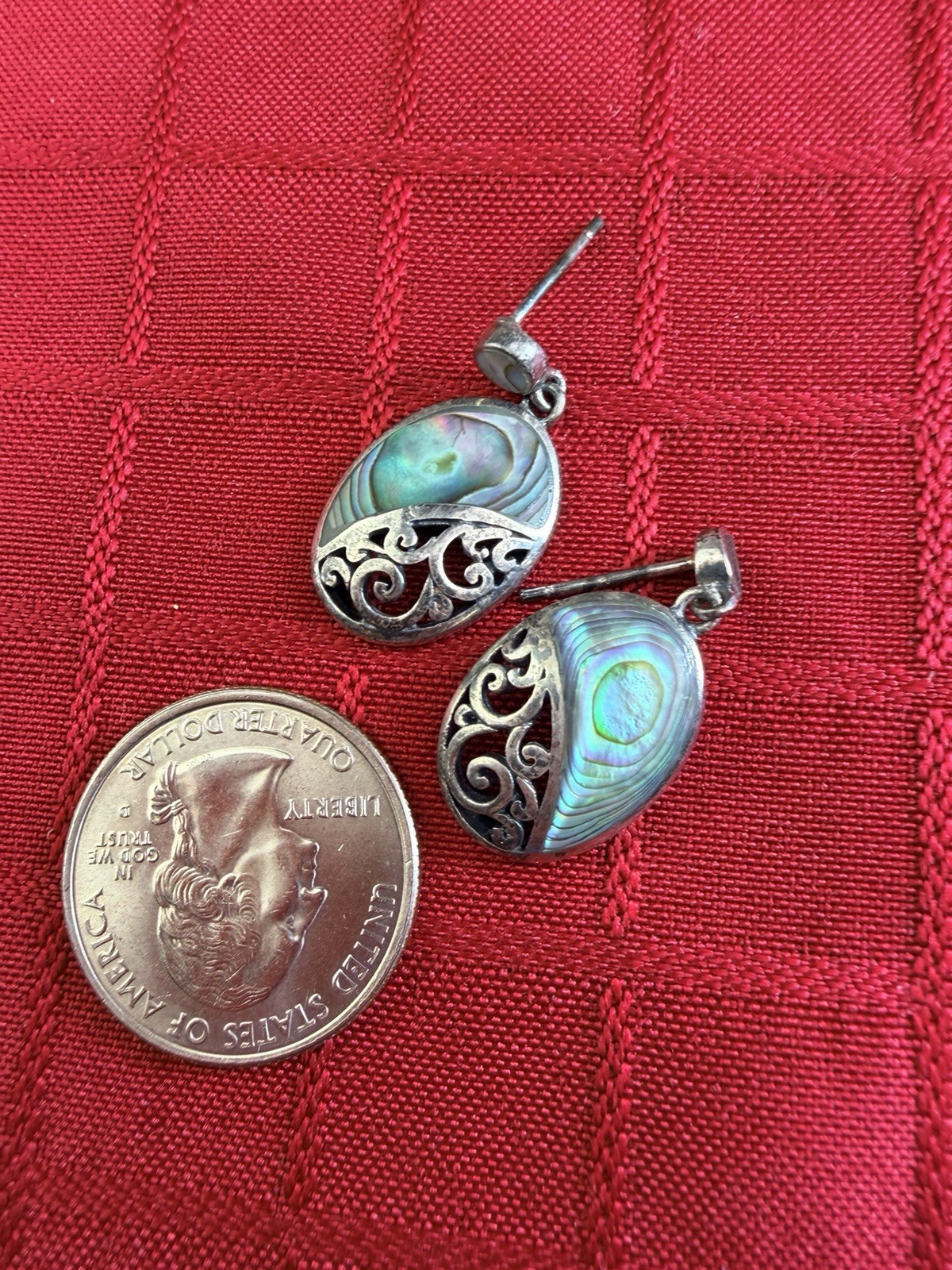 Vtg 925 Sterling Thailand Abalone Paua Shell Filigree Dangle Earrings