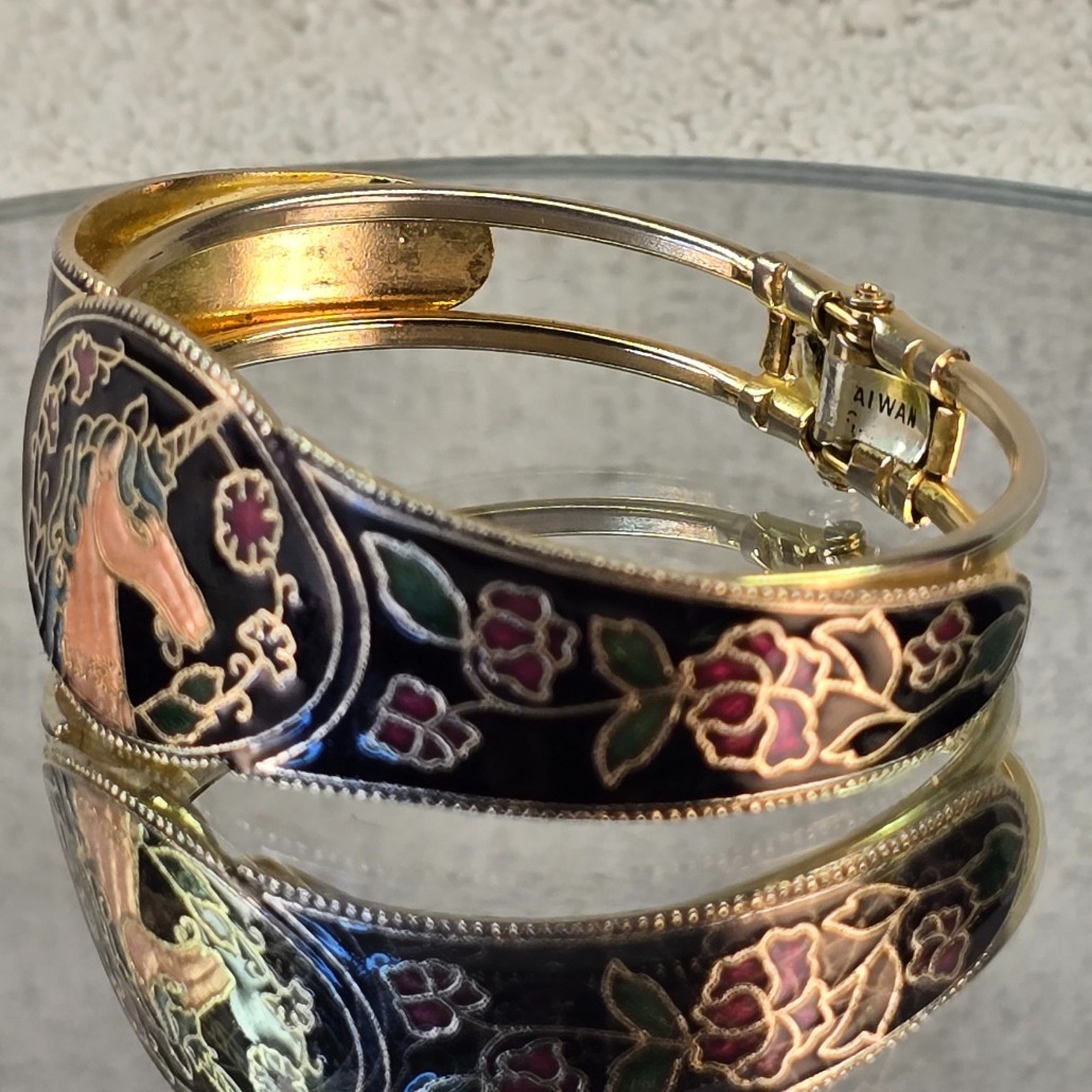 ESTATE VINTAGE CLOISONNE ENAMEL UNICORN FLORAL HINGED BRACELET
