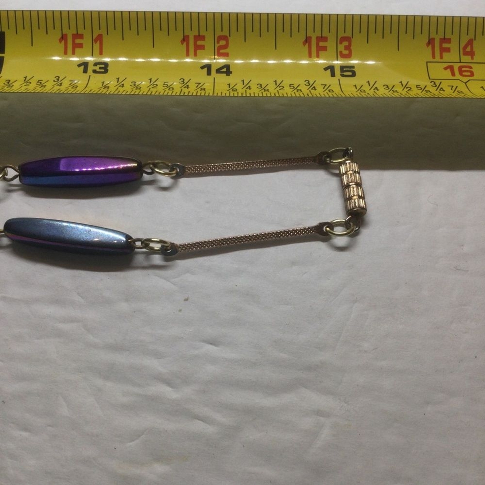 Vintage Pendant Necklace Peacock Glass Beads Gold Tone Bar Link Chain