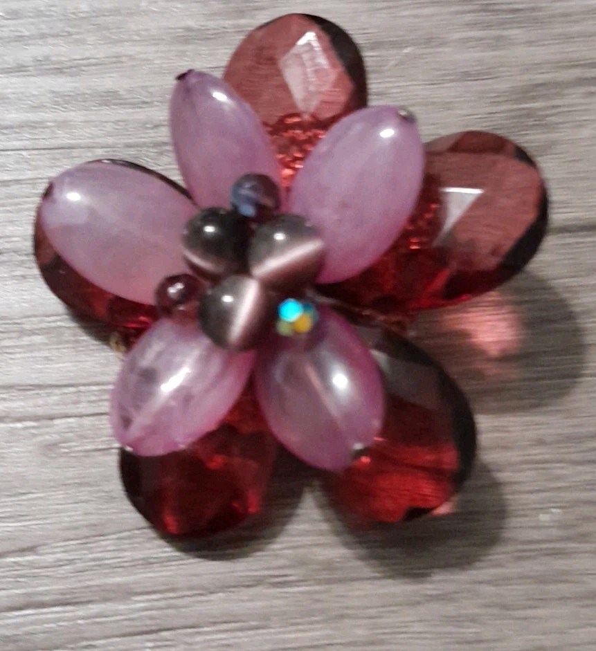 Vintage Layered Lot Of 2 Flower Brooches Brown White Pink Purple