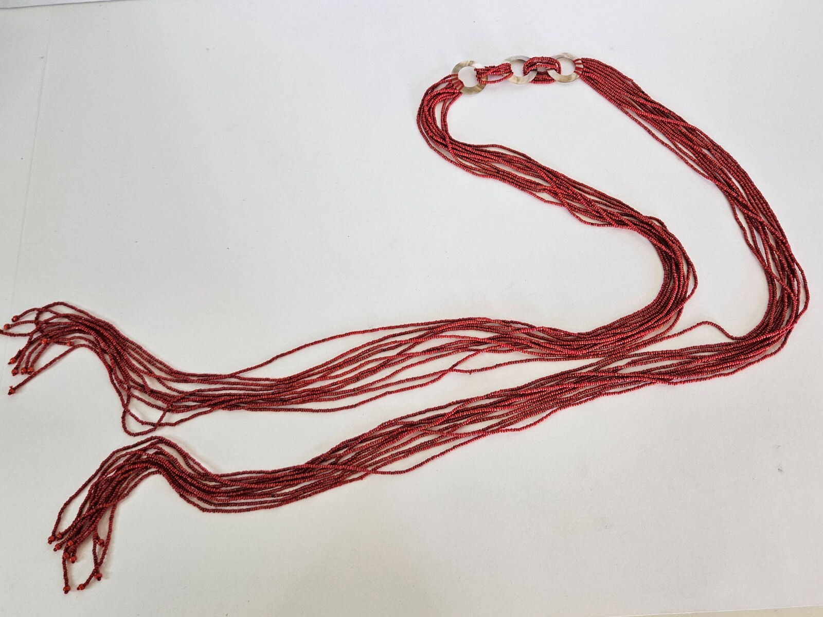 Vintage Seed Bead Multi Strand Wrap Around Necklace Red Shell