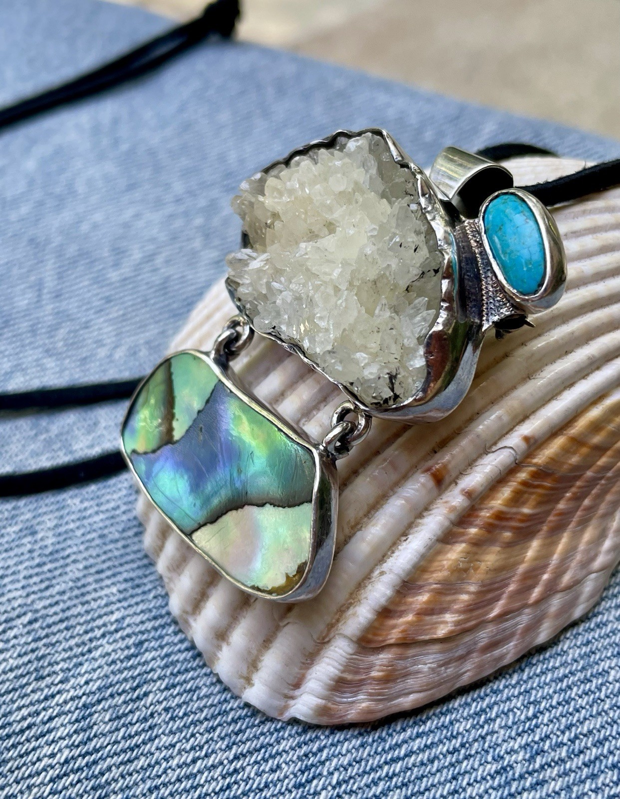 🎥Rock Crystal Rainbow Abalone Turquoise 2″ Pendant Brooch Mex Sterling Silver