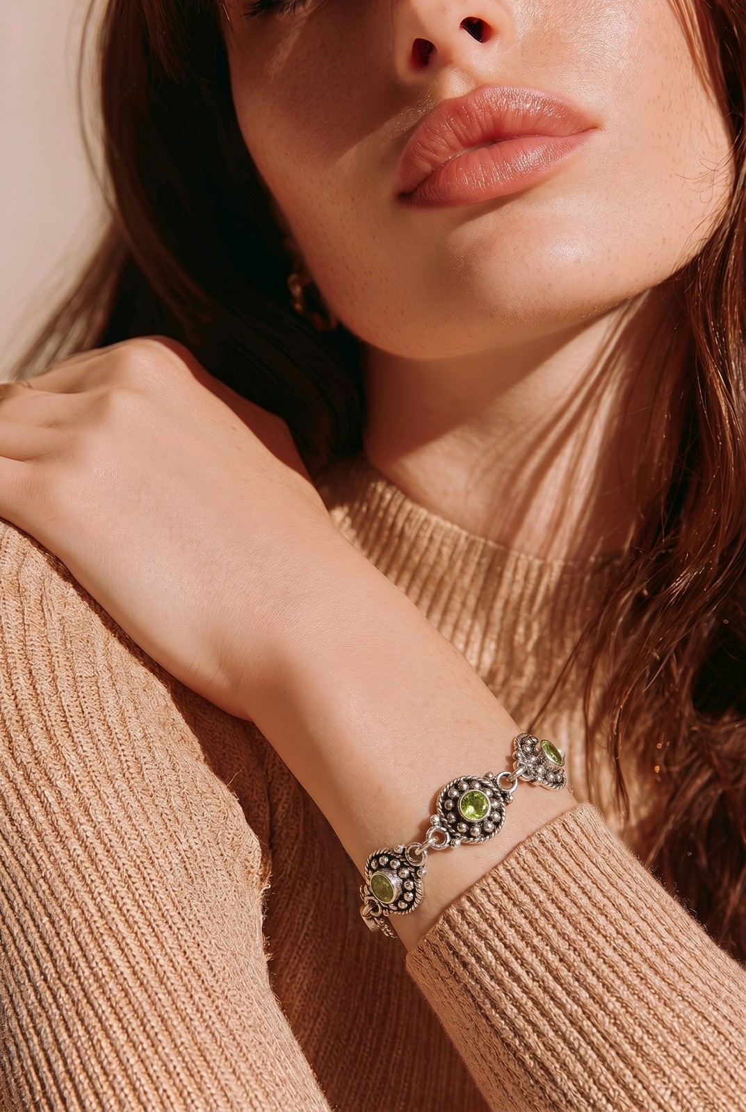 Peridot Bracelet Sterling Silver Bali Link Green Gemstone 925