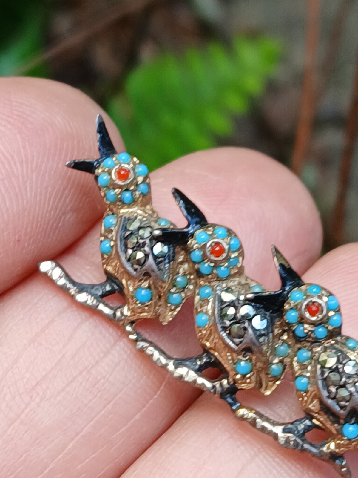 Nice Sterling Silver Enamel Marcasite 3 Birds Branch Brooch/Pin Germany US Zone