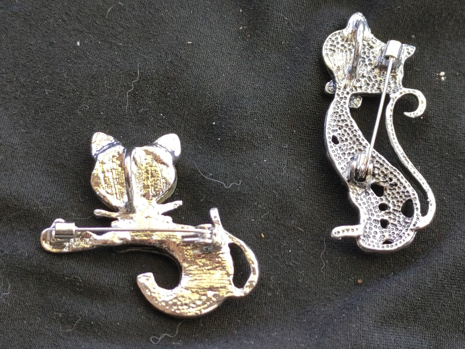 2 Pc. Lot Of Whimsical Retro Cat Brooches Faux Abalone Silver Tone 2″