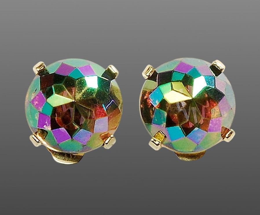 VTG SIGNED ZENTALL FACETED AB SMOKE TOPAZ GLASS EARRINGS C.1950