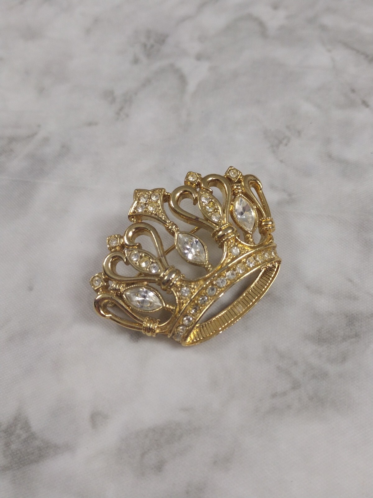 Signed KJL for Avon Vintage Crown Brooch, Pin Gold Tone with White Rhinestones