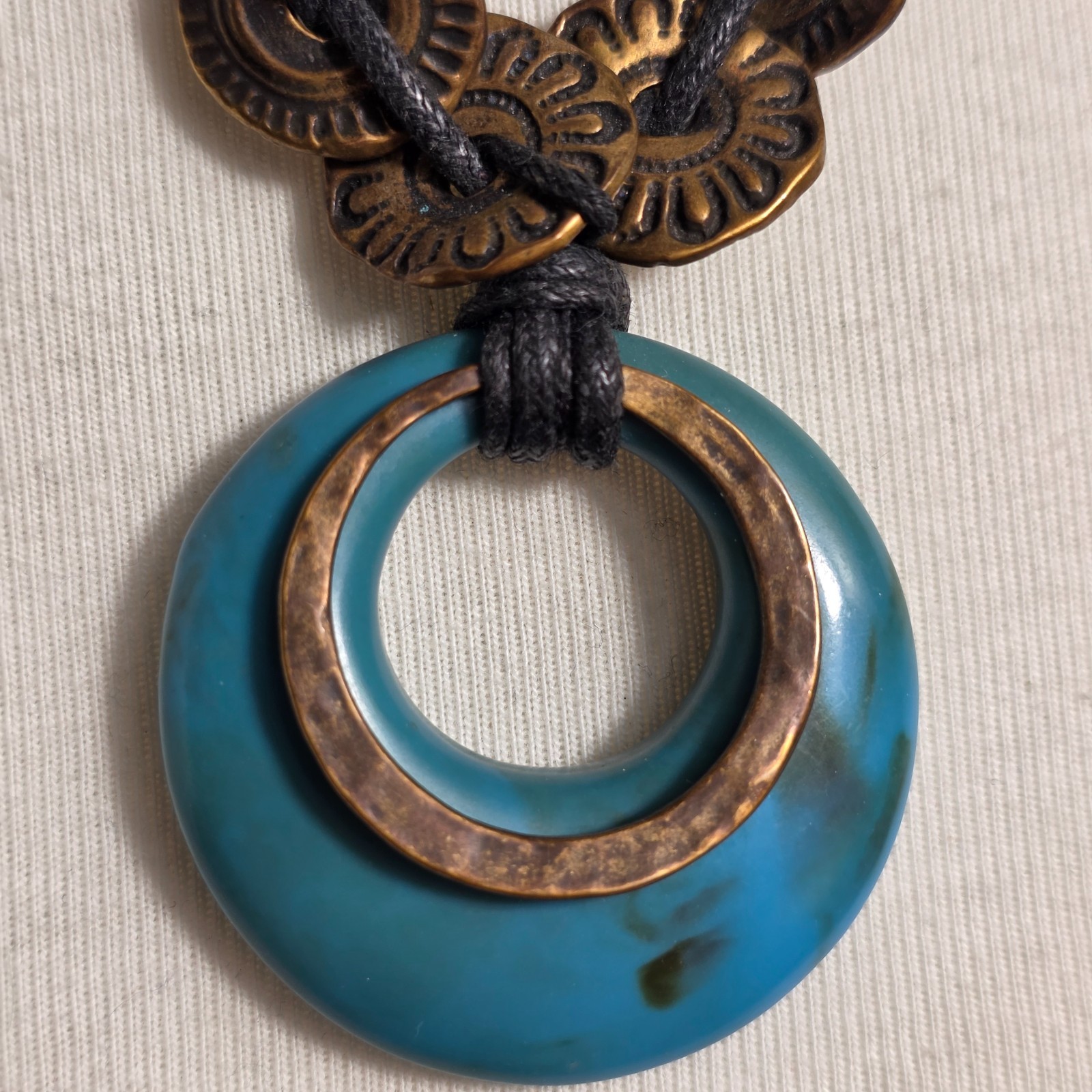 Coldwater Creek Multi-Layered Pendant Necklace Teal Resin Ring Bronze Discs