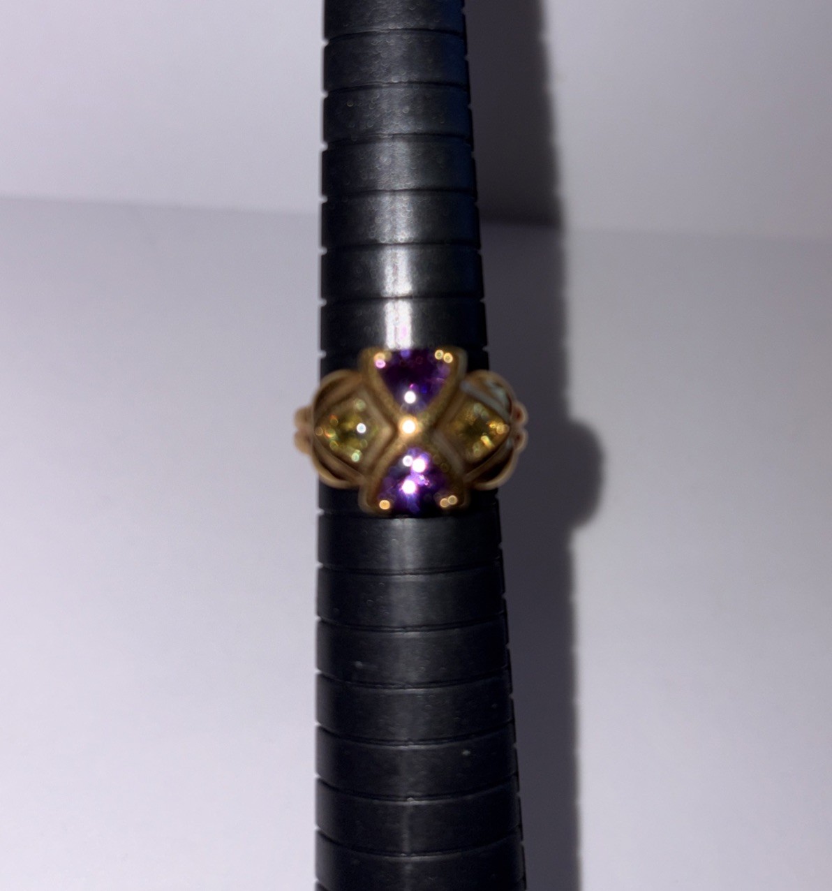 Purple Amethyst & Green Stone Ring Gold Plated Sterling Silver 925 Size 7