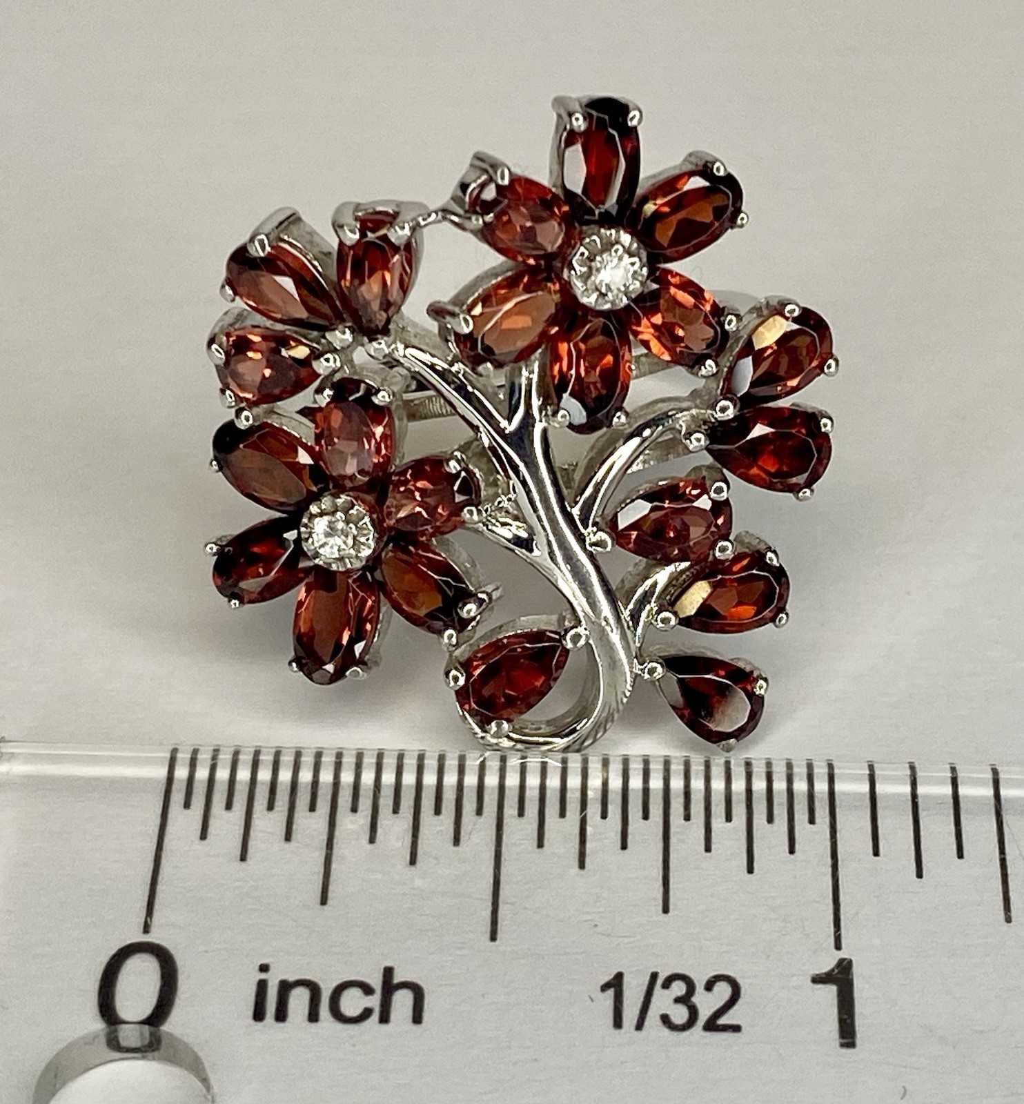 Vintage 925 Sterling Silver Natural Garnet Flower Floral Cluster Statement Ring