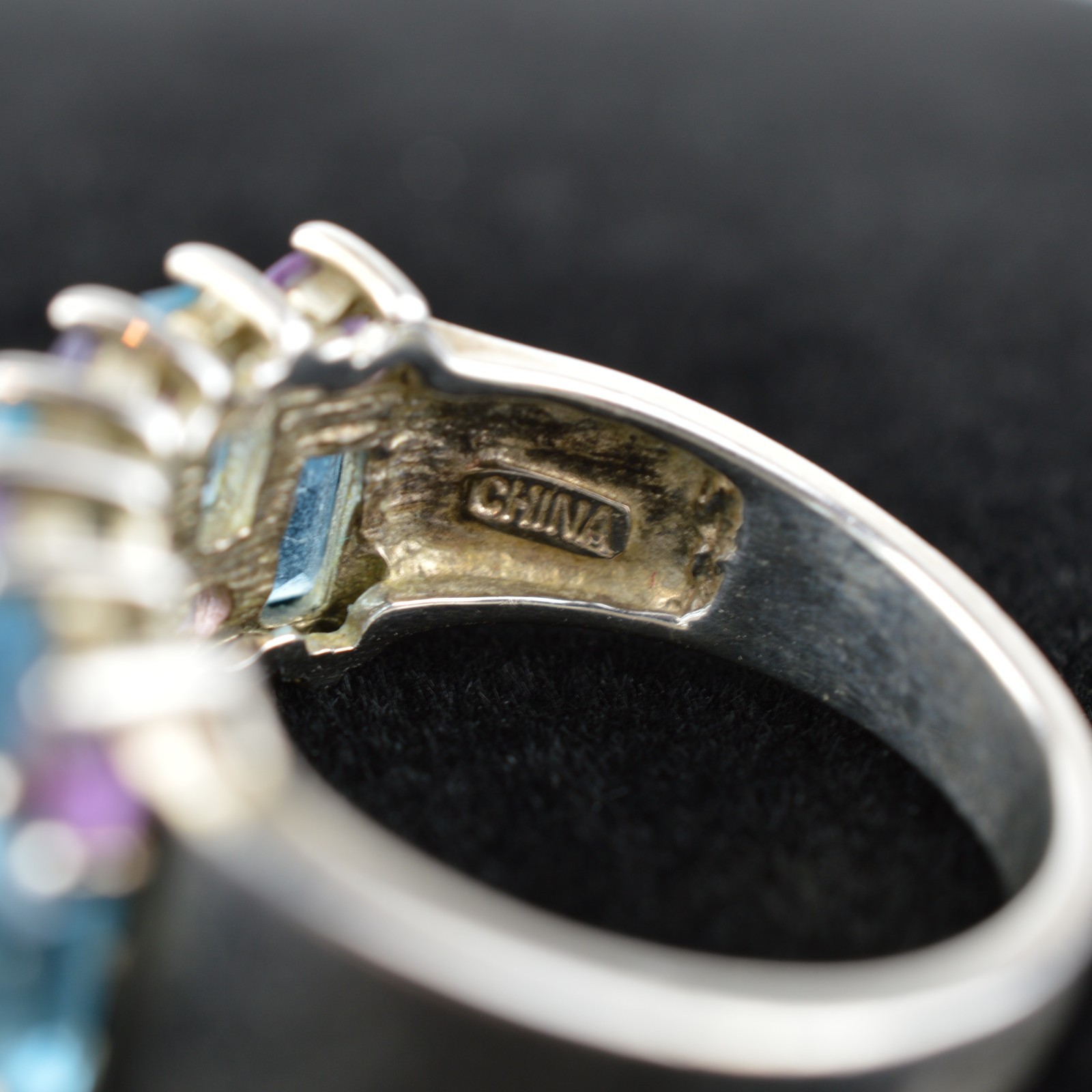 HN Ring Sterling Silver 925 with Topaz and Amethyst, Size 7.75