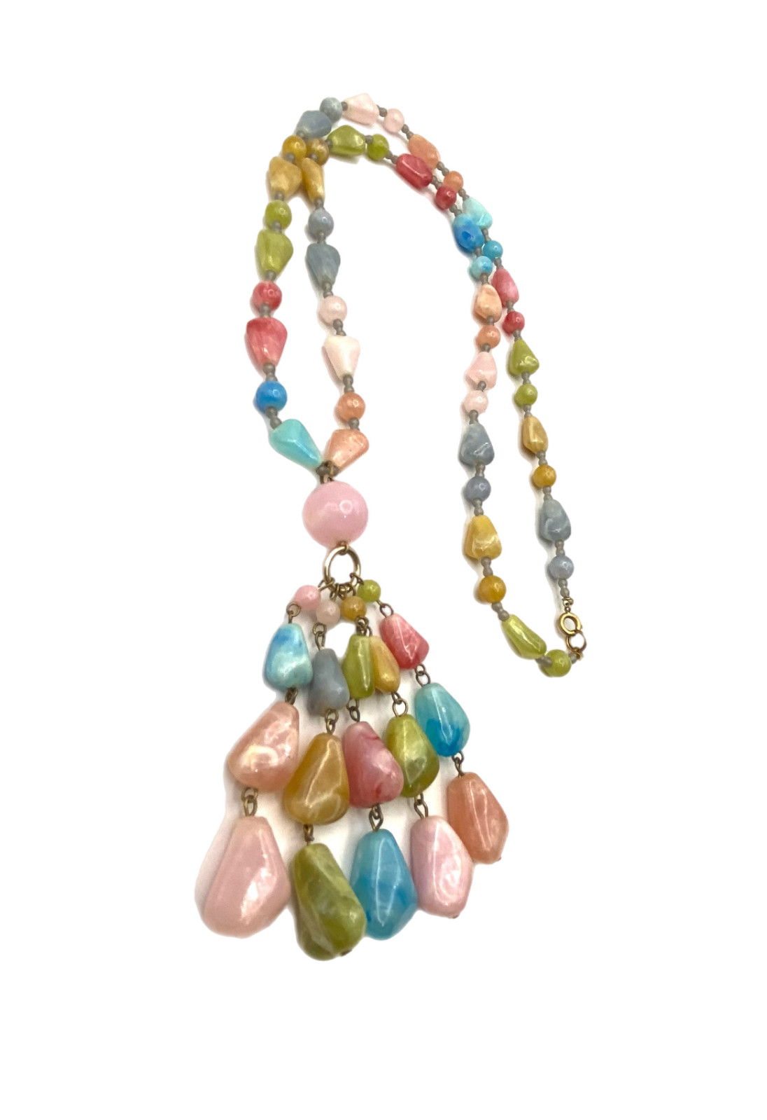 Vintage Chunky Pastel Multi-Color Beaded Tassel Pendant Necklace Plastic 30″