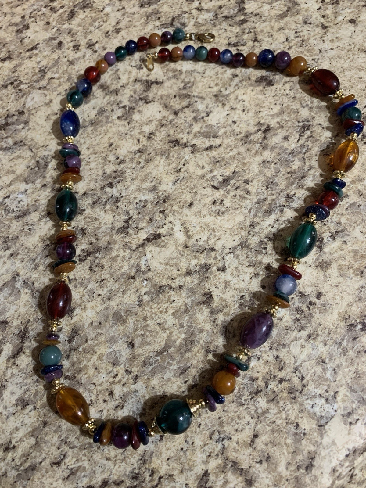 VTG Colorful Faux Stone Beaded Necklace with Gold Spacers Fall Colors