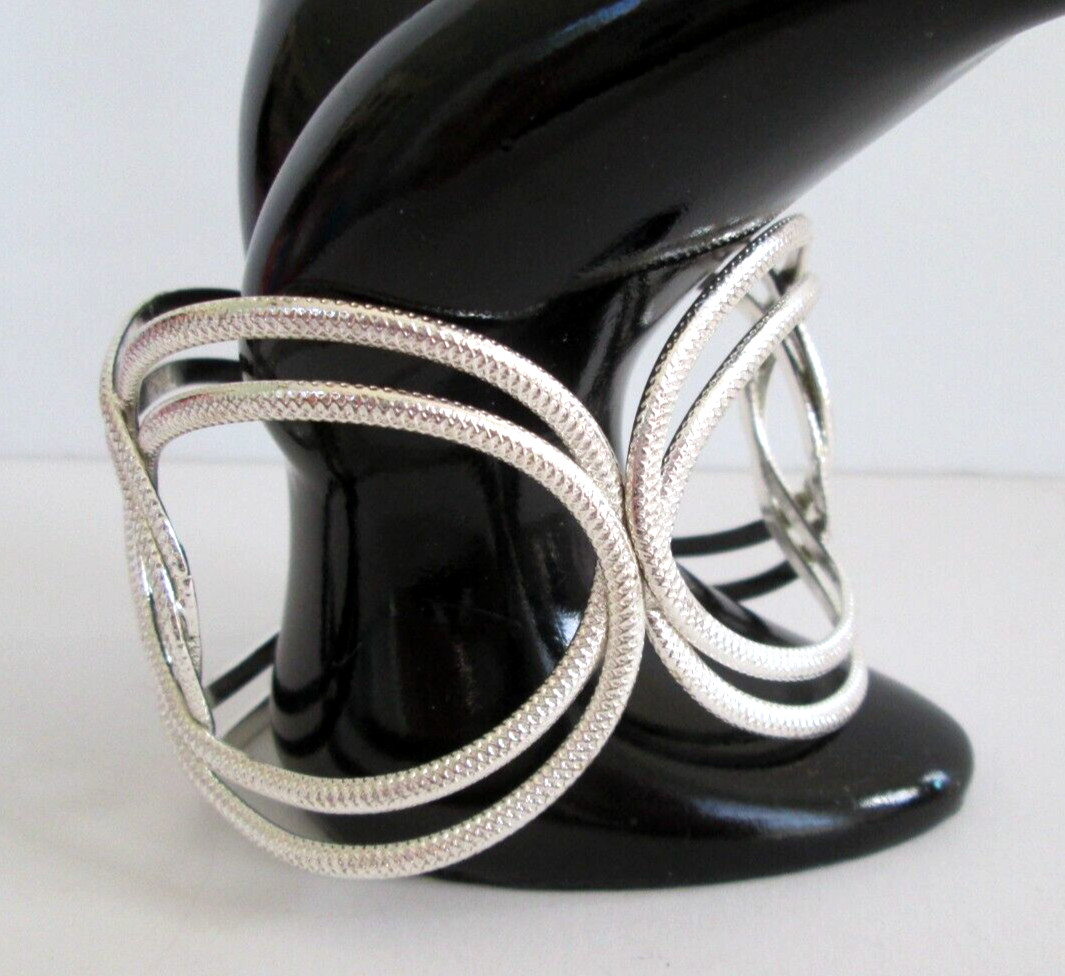 Open Work Scroll Sleeve Bracelet Wide Cuff Silver Tone Hinged 8.5″