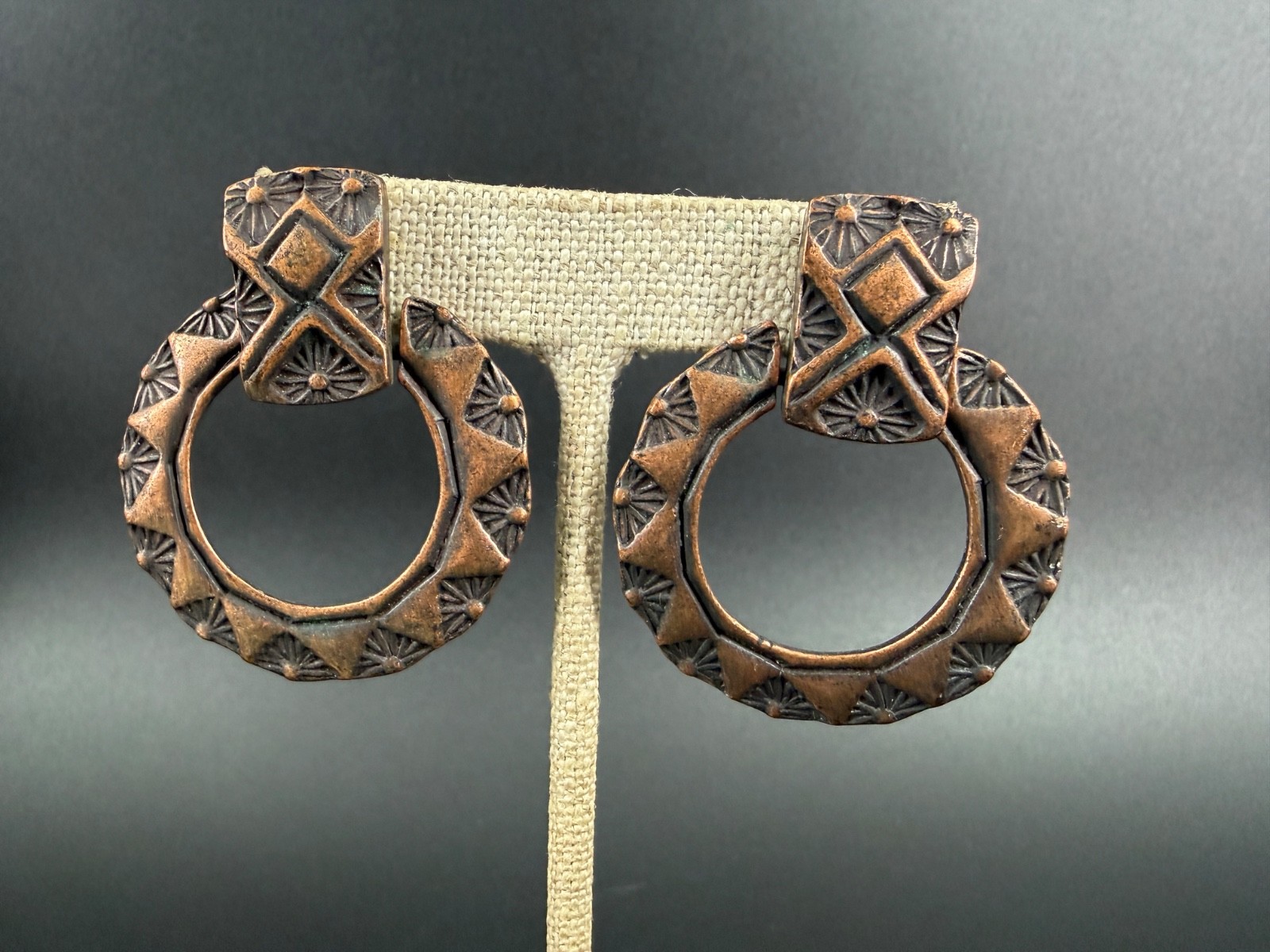 Vintage Southwestern Copper Tone Hoop Earrings Tribal Statement Door Knocker