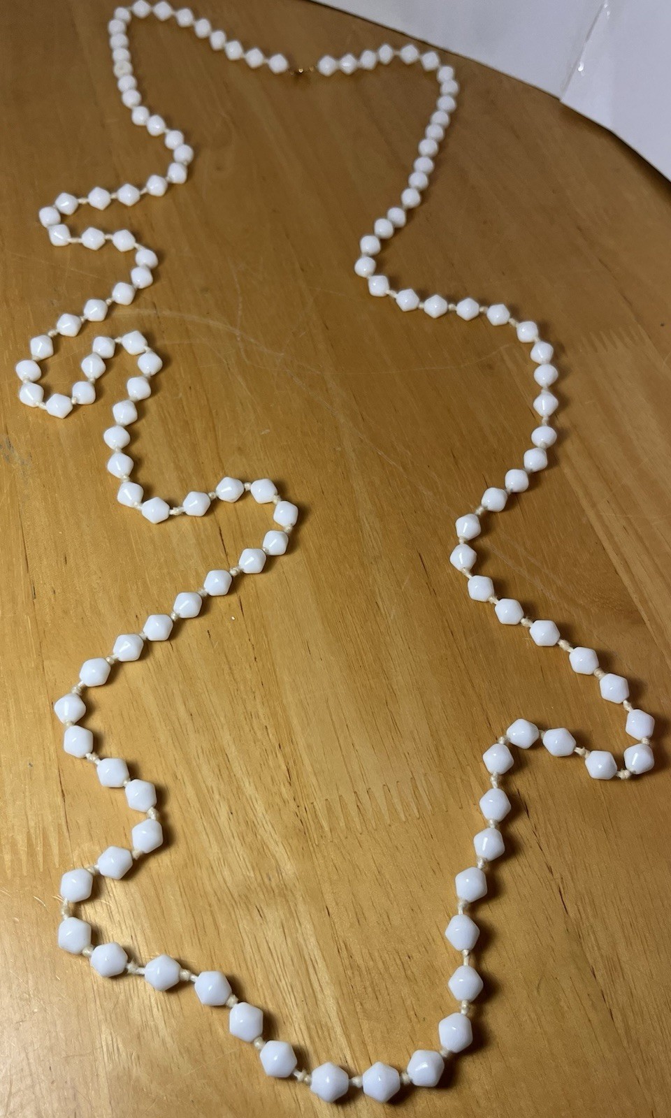 Vintage 54 Inch Hand Knotted Bi-cone Czech Milk Glass Necklace