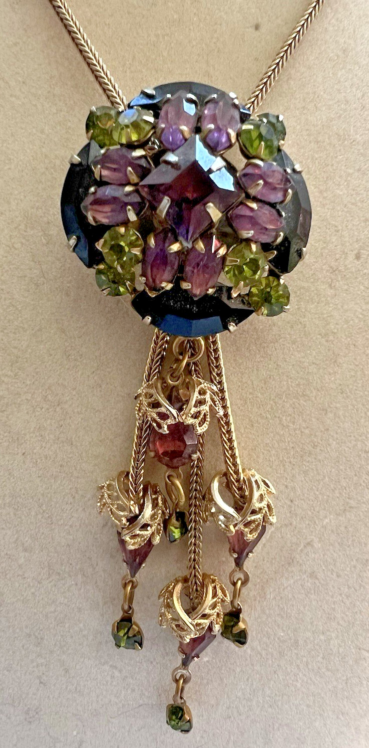 Vintage Shades of Purple & Olive Green Rhinestone waterfall Pendant Necklace 16″
