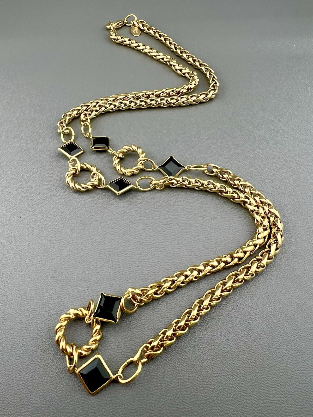 Vintage Princess House Necklace Glass Bezel Set Wheat Chain Gold Tone Signed 30”