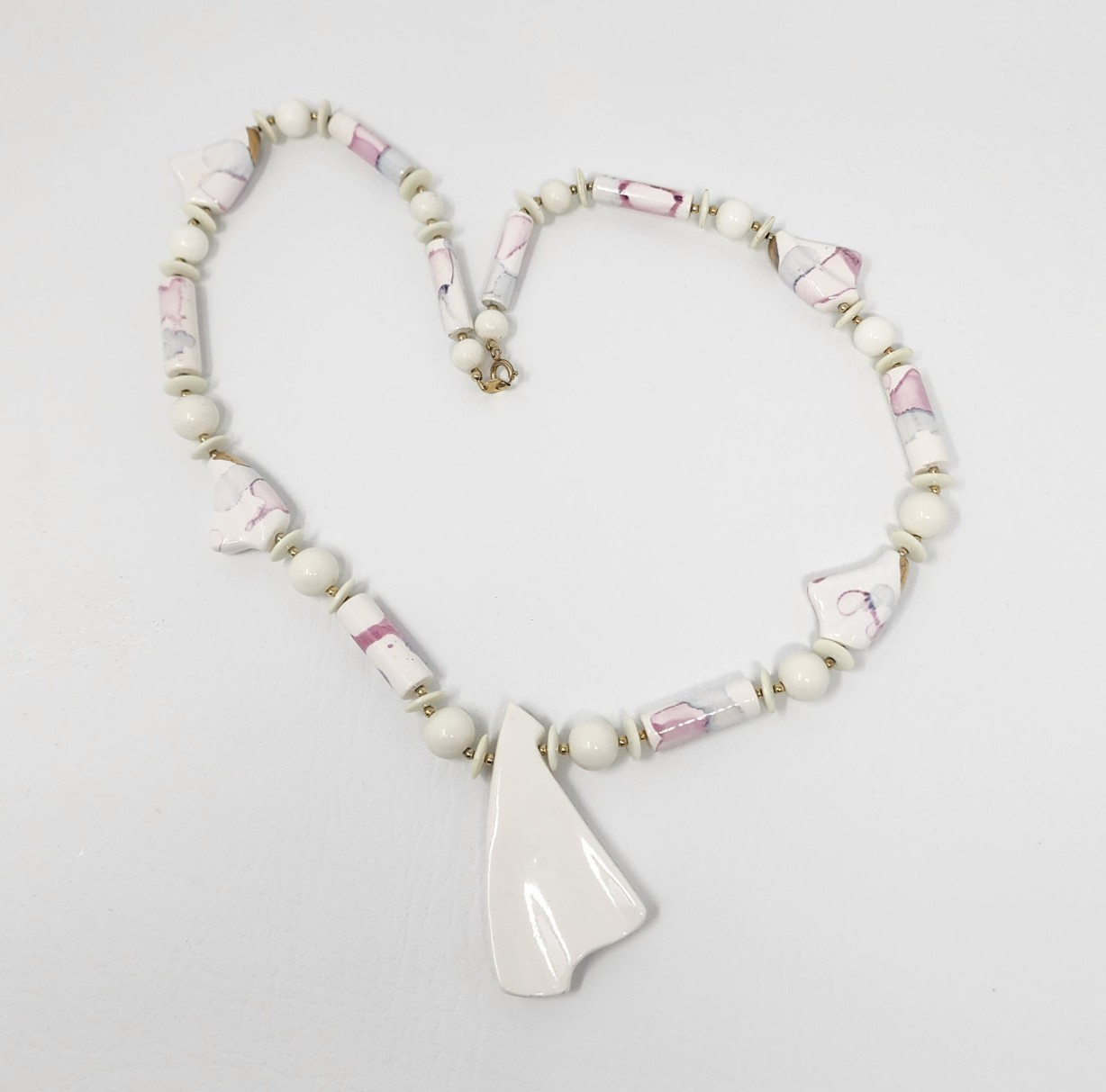 Vtg 80s Japan Hand Painted Pink Watercolor Ceramic Necklace Chunky Statement 30″