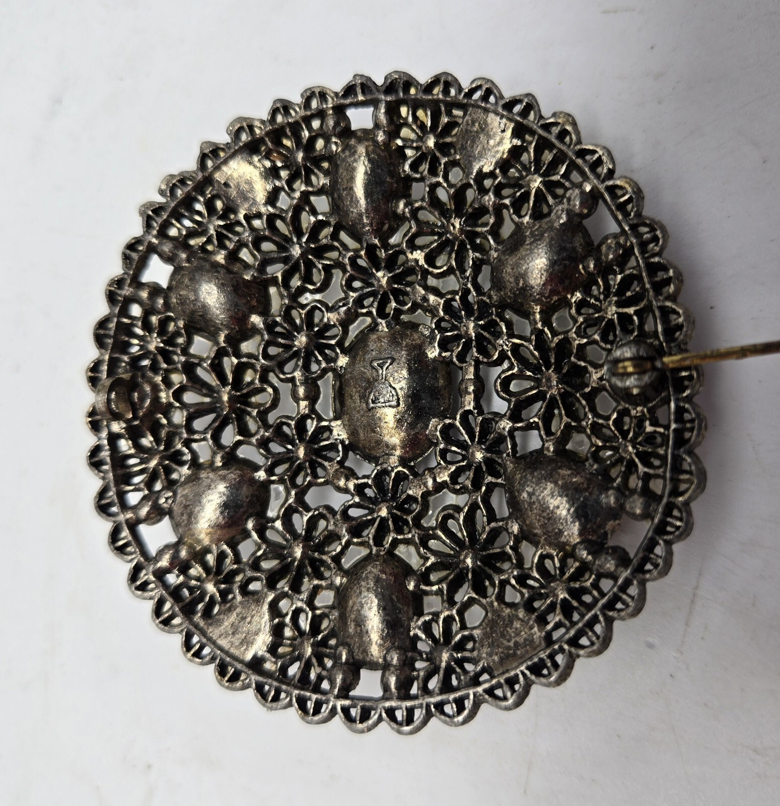 Antique New England Glass Works Rhinestone Brooch Filigree Vtg Signed Goblet
