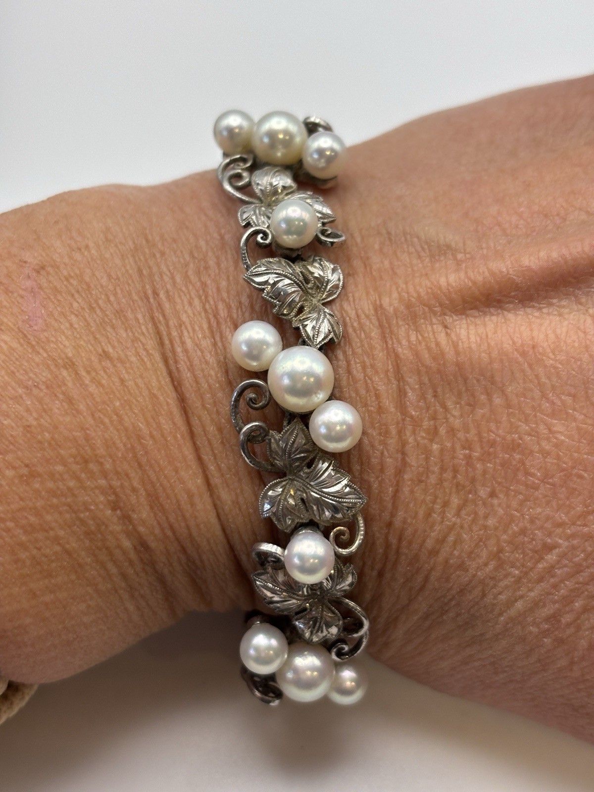 Authentic Vintage Mikimoto Silver Pearl Ornate Bracelet