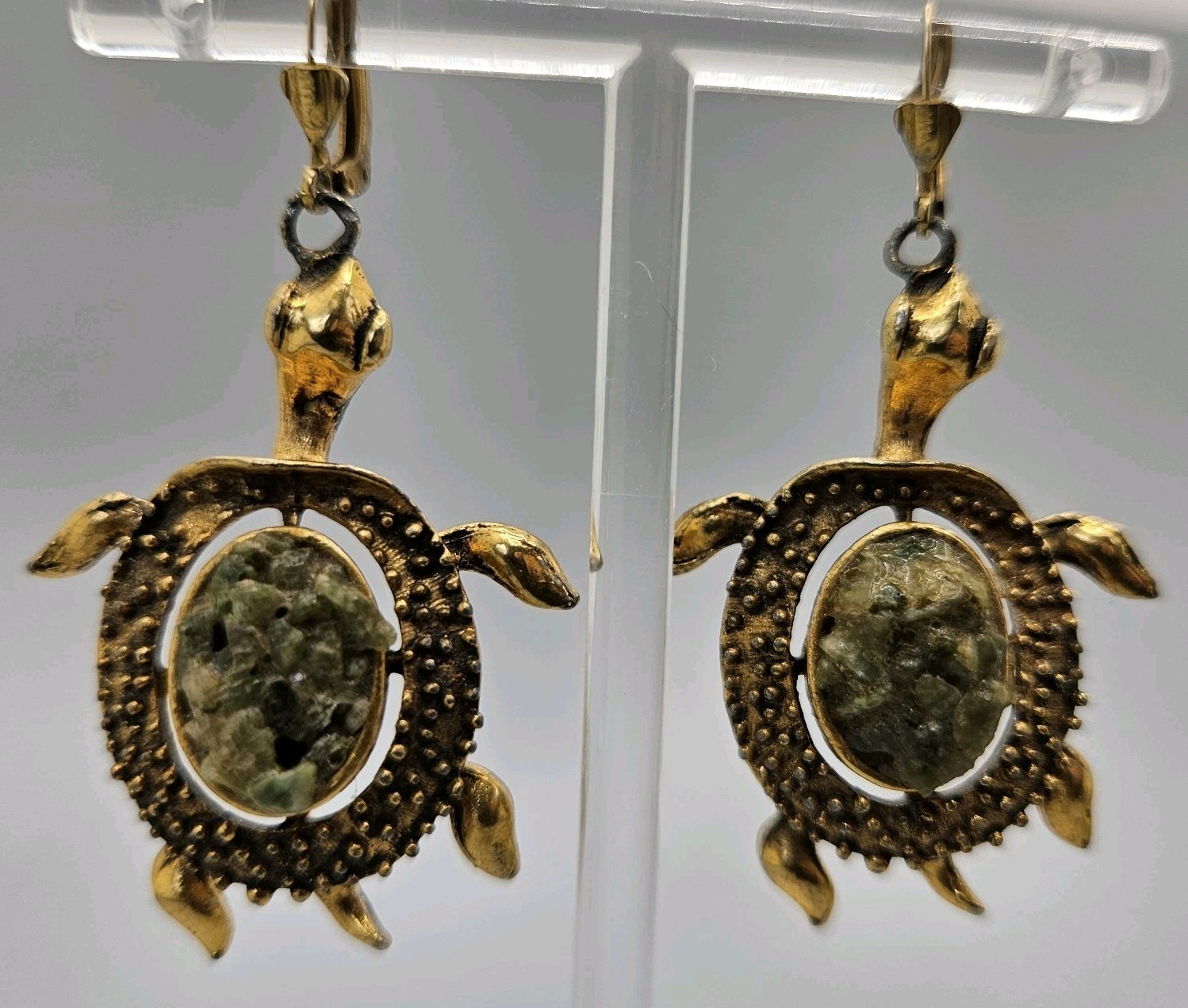 Vintage Gold Tone Turtle Earrings Dangle Hook Pierced Faux Druzy Stone Chunky2″