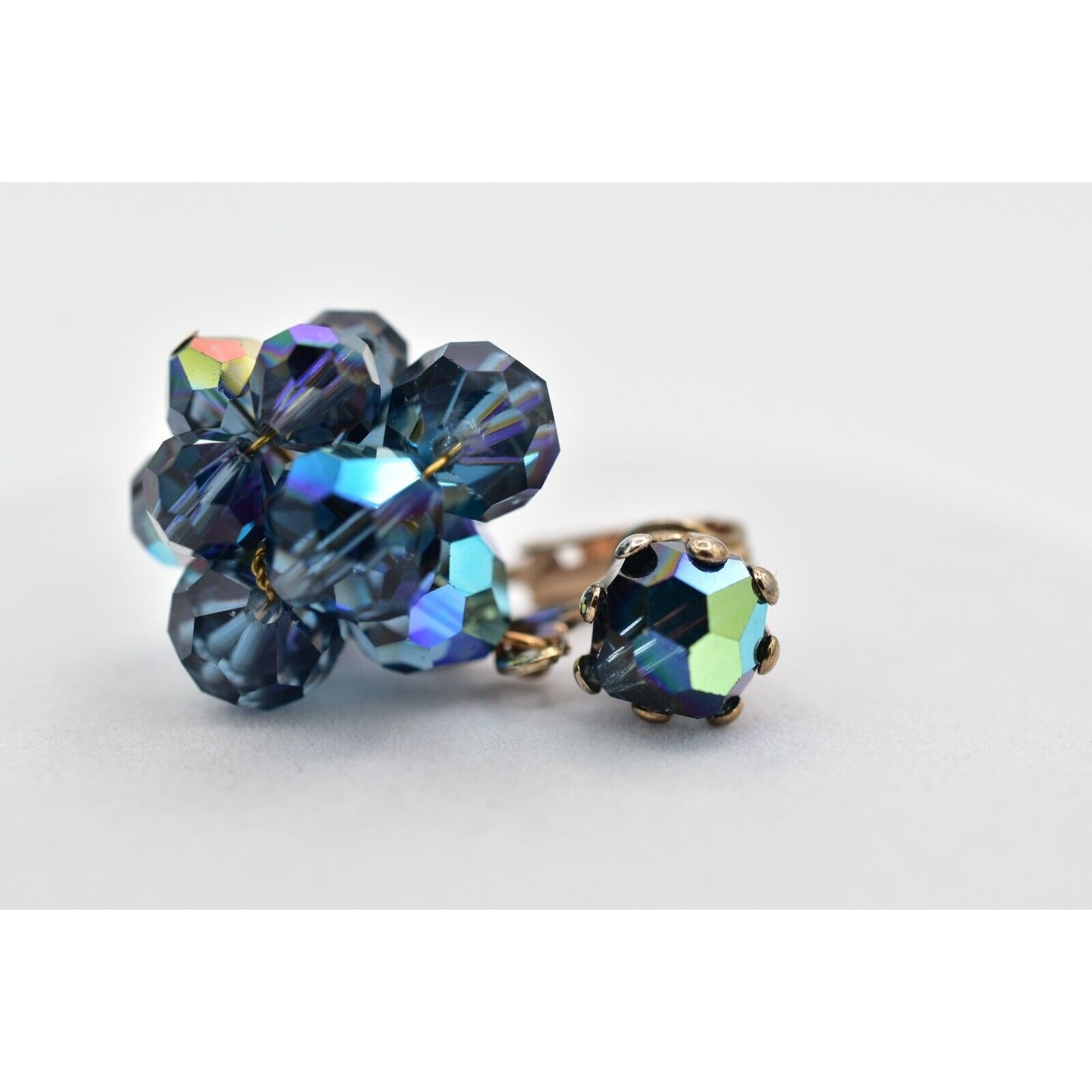 Laguna Vintage Clip On Crystal Earrings Dangle Navy Blue Drop Signed 1950s A24