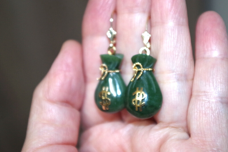 14K Exquisite Carved Jade bag of money Lucky Stone Lever back Earrings