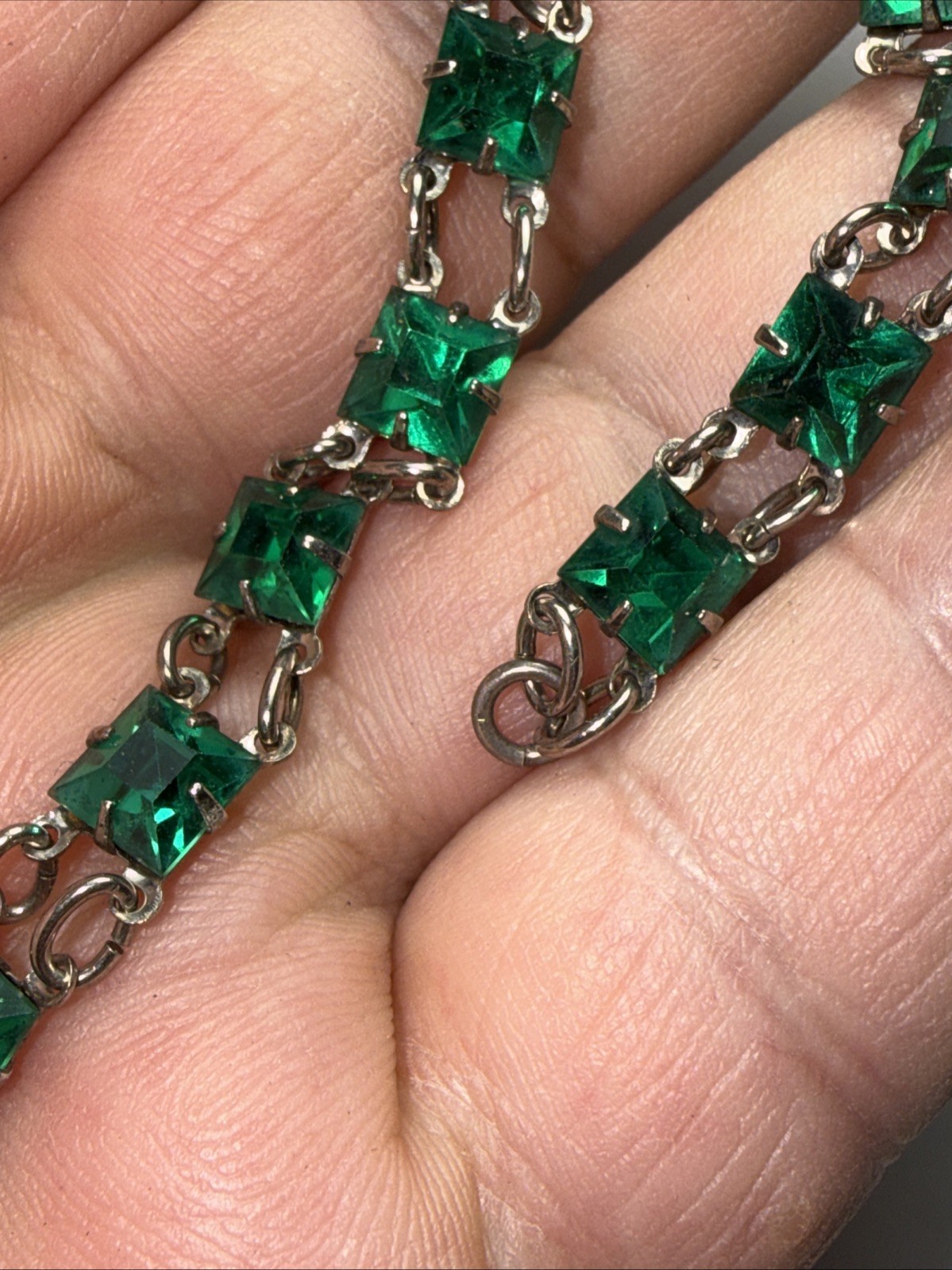 Bracelet Art Deco Paste Gwen Emerald Glass Sterling Silver Square Stone Antique