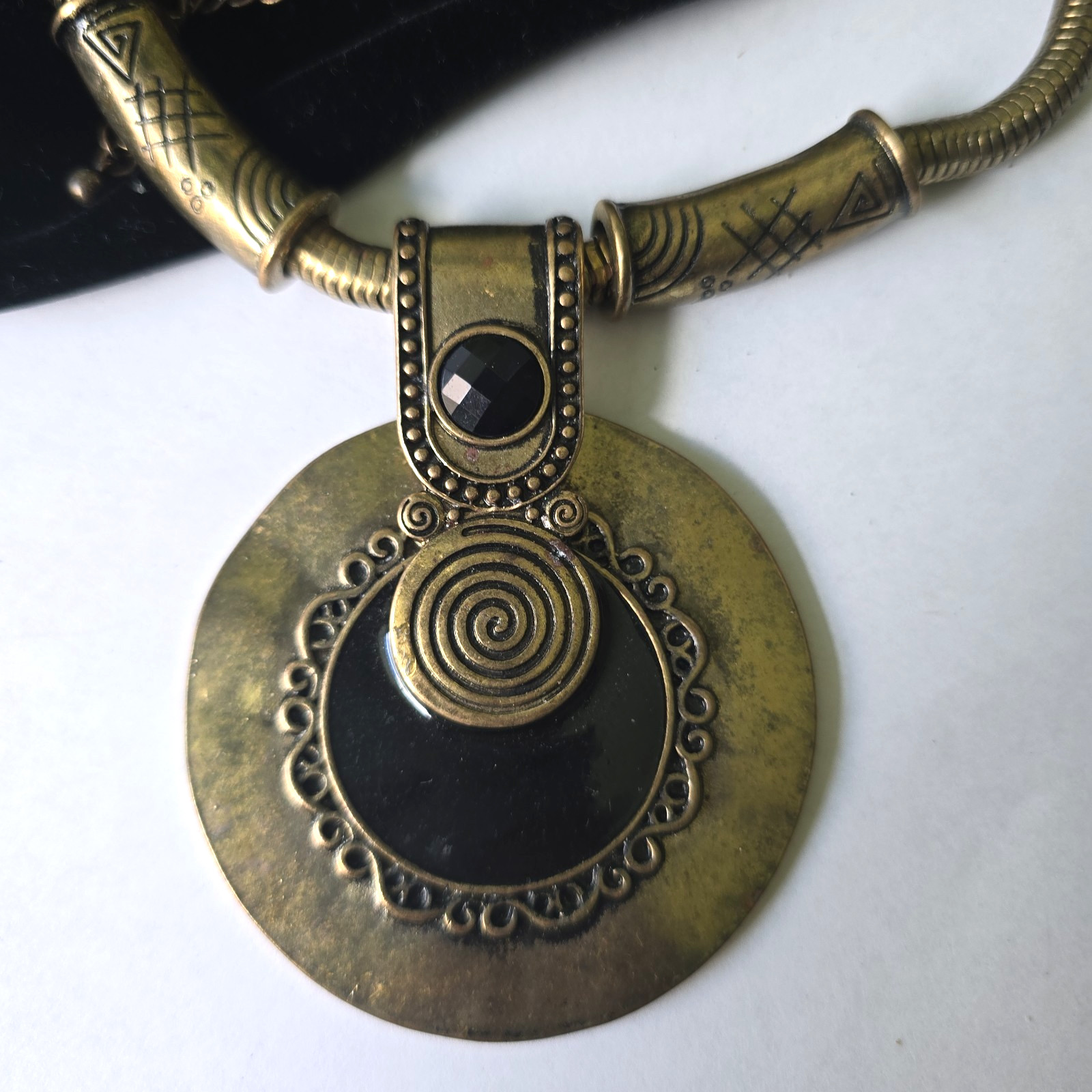 Vintage Bronze Tone Boho Etruscan Style Pendant Chain Necklace 20″L
