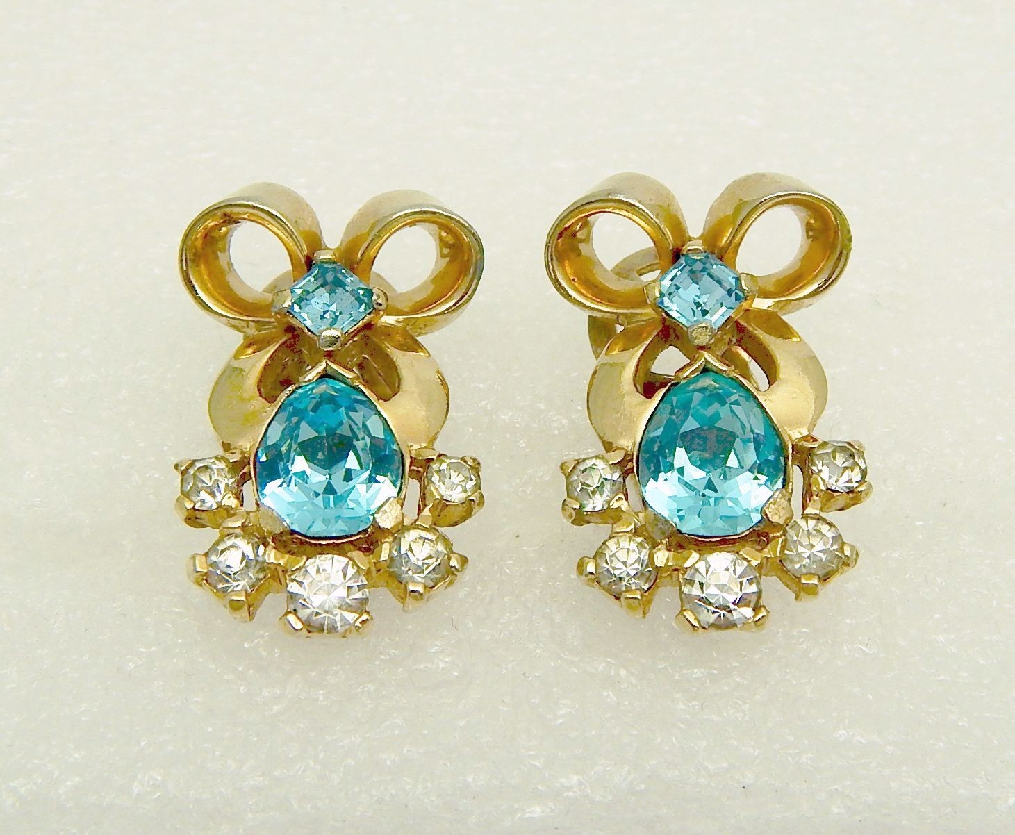 Mazer Clear & Blue Topaz Color Rhinestone Gold Tone Bow Clip Earrings Free Ship