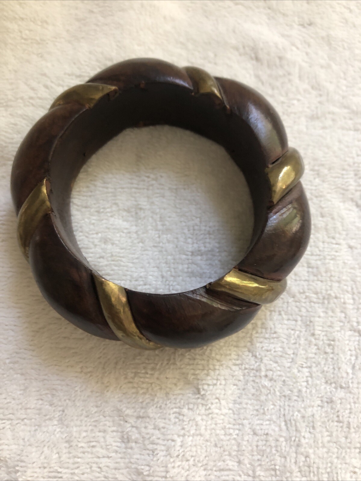Vintage 1960’s Dark Brown Wooden Bangle with Gold Tone Metal Inlay Bracelet