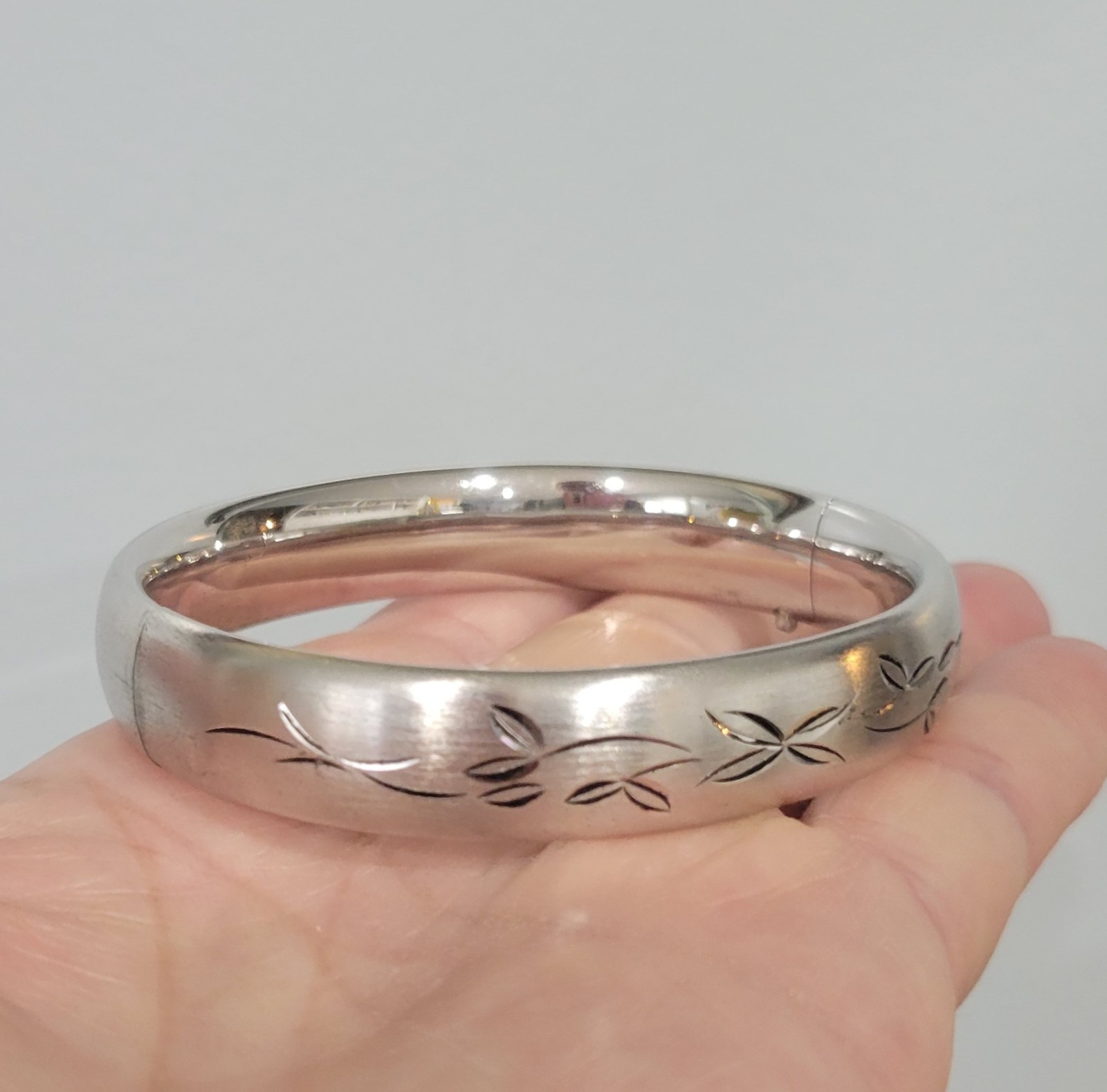 Vintage Sterling Silver H.F.B. Hinged Bracelet Etched Floral Brushed Finish
