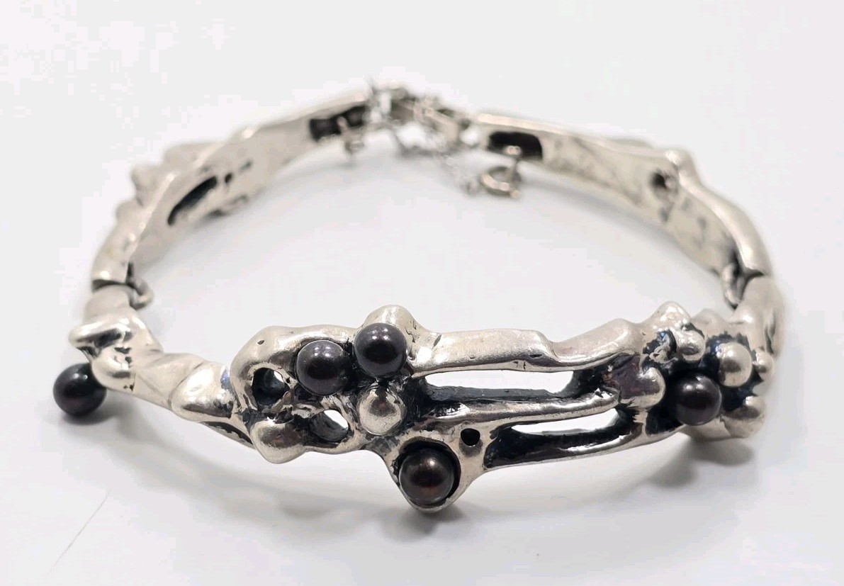 Vintage Sterling Silver 925 Brutalist Black Pearl Artist Made Ladies Bracelet