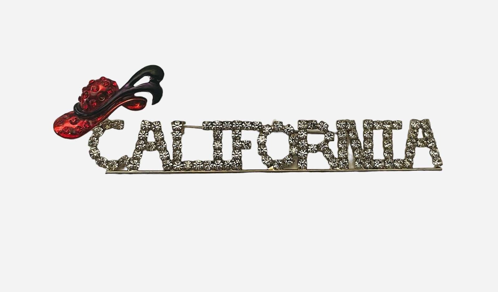 VTG Rhinestones Silvertone Spell Out CALIFORNIA Red Hat Bling Brooch Lapel Pin