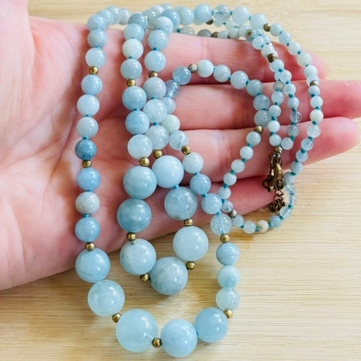 VTG AquaMarine Double strand Necklace Collar Beaded Round genuine Natural 19″