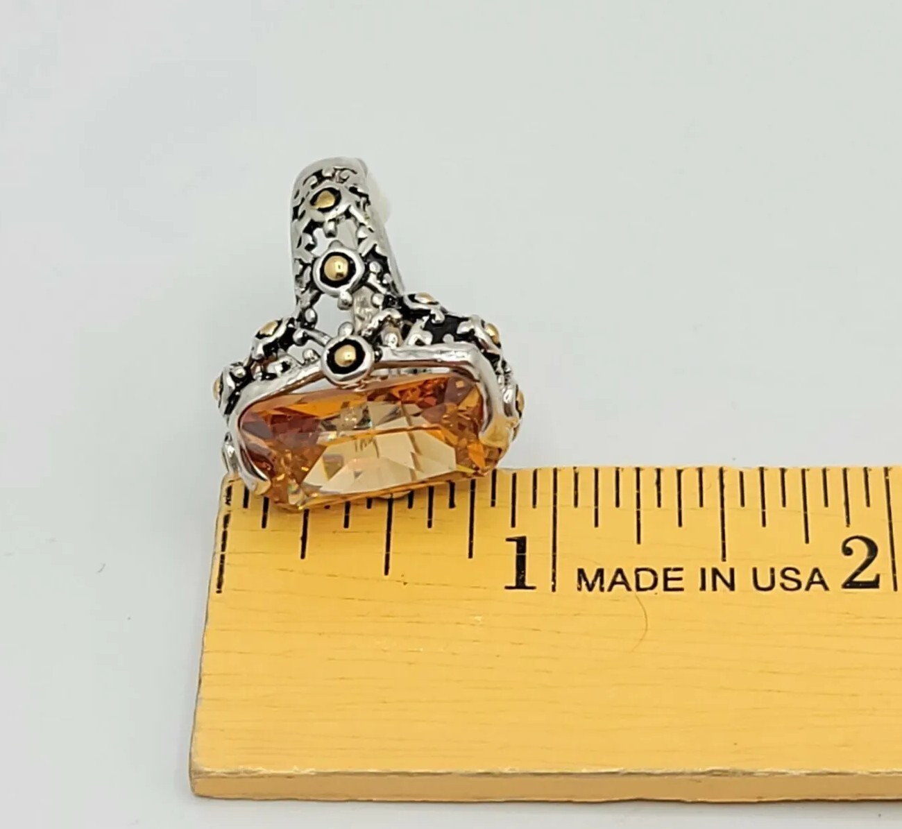 Vtg Sz 7 Ring Lg Citrine Topaz Cubic Zirconia 2-tone Statement Fashion Jewelry T