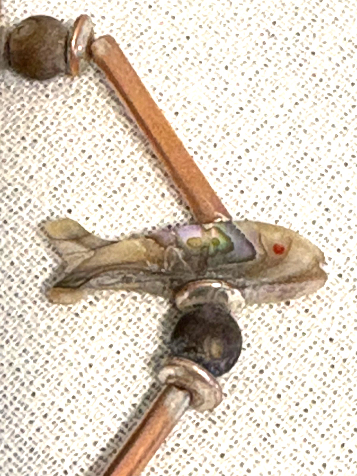 VTG. Unusual Copper Tubing & Mother of Pearl Fish Fetish Necklace, 32”, 10 Fish