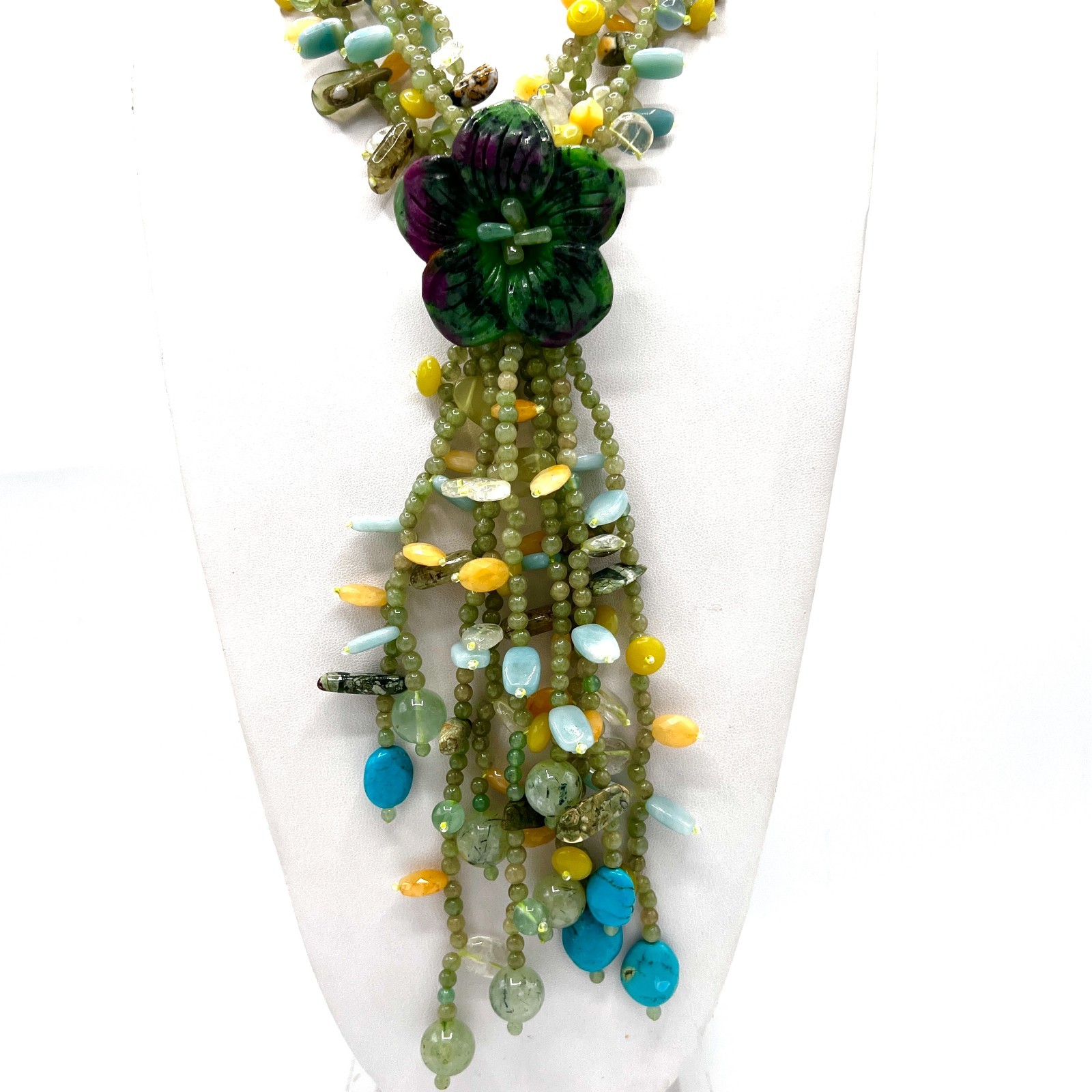 Green and Purple Beaded Flower Lariat Necklace – Mineral & Glass Bib Statement