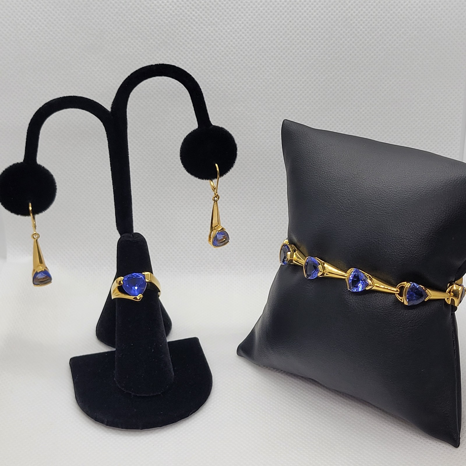 Vintage Sterling 925 Earrings Bracelet Ring Set Simulated Tanzanite Trillion Cut